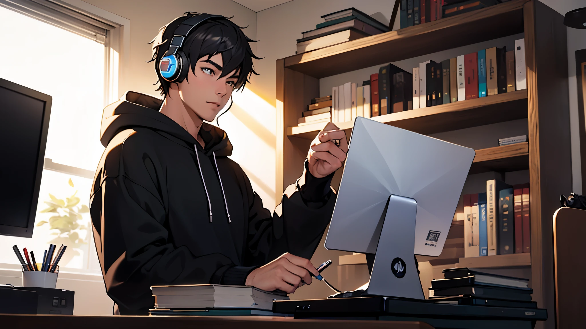 A boy studying in front of a computer、dark room、wearing headphones、Handsome guy、2D、anime、bookshelf、indirect lighting、black hoodie