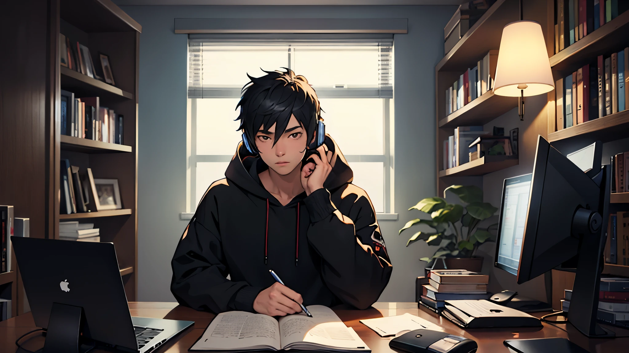 A boy studying in front of a computer、dark room、wearing headphones、Handsome guy、2D、anime、bookshelf、indirect lighting、black hoodie