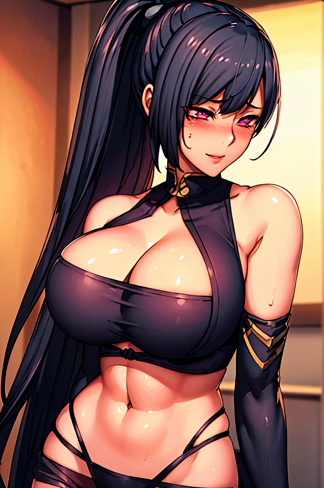 (focus on whole body), indoor, (standing pose), tempting pose, sexy pose, very tempting pose, (blushing face:1.4), smiling,cyan dress, cleavage cutout, clothing cutout, bare shoulders, semi-rimless eyewear, black hair, very long hair, ponytail,Bangs,purple eyes, 1 girl, 20yo,Young female,Beautiful Finger,Beautiful long legs,Beautiful body,Beautiful Nose,Beautiful character design, perfect eyes, perfect face,expressive eyes,perfect balance, (innocent_big_eyes:1.0), official art,extremely detailed CG unity 8k wallpaper, perfect lighting,Colorful, Bright_Front_face_Lighting,shiny skin, (masterpiece:1.0),(best_quality:1.0), ultra high res,4K,ultra-detailed, photography, 8K, HDR, highres, absurdres:1.2, Kodak portra 400, film grain, bokeh:1.2, lens flare, (vibrant_color:1.2),professional photograph, (Beautiful,large_Breasts:1.4), (beautiful_face:1.5)