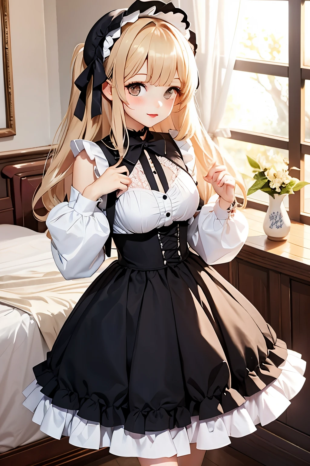 ((highest quality、High resolution、masterpiece))、Blonde、Cosplayer Beautiful Girl、skirt、Embarrassed face、((She shows her pussy))、Love juice