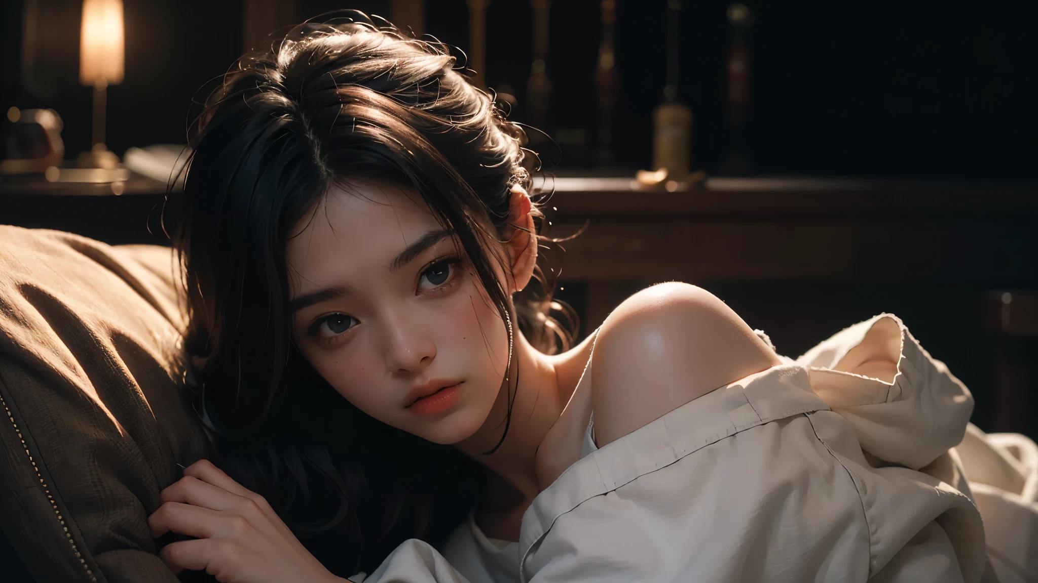 masterpiece, best quality, 1 girl, solo, supine, lying on the floor, pale skin, messy hair, red eyes, glowing eyes, blood on face, blood on clothes, creepy, scary, blood,