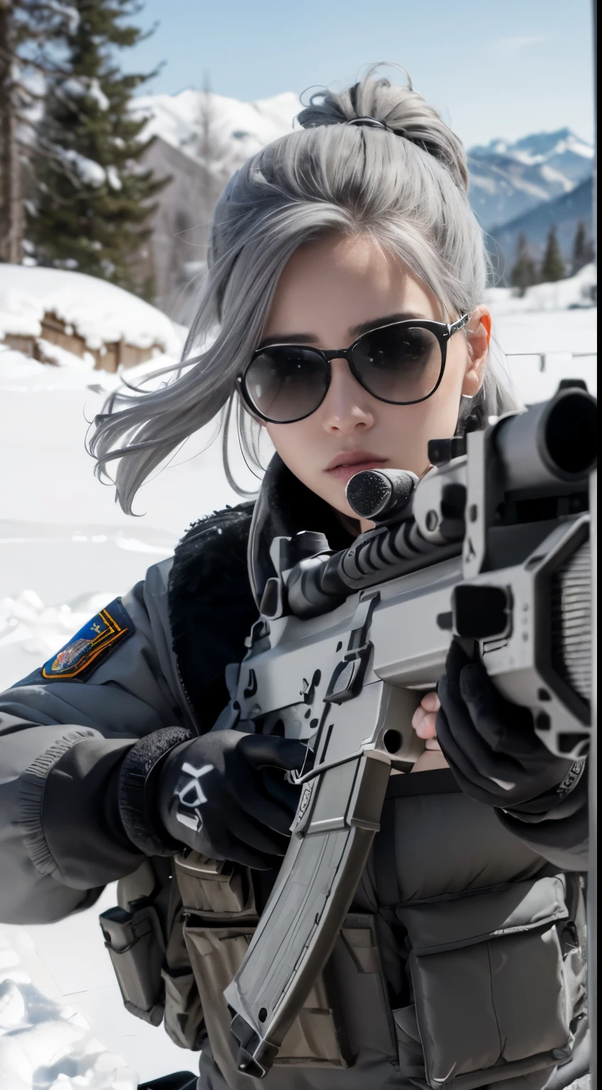 ((highest quality)), (masterpiece), realistic, photorealism, One girl aiming with an ak-47 assault rifle, battle pose, realistic, High resolution,snow background, look at the camera, (detailed face), (gray hair high top decay:1.3), SWAT vest, gun, jewelry,black gloves, sunglasses on head, fingers are blocked