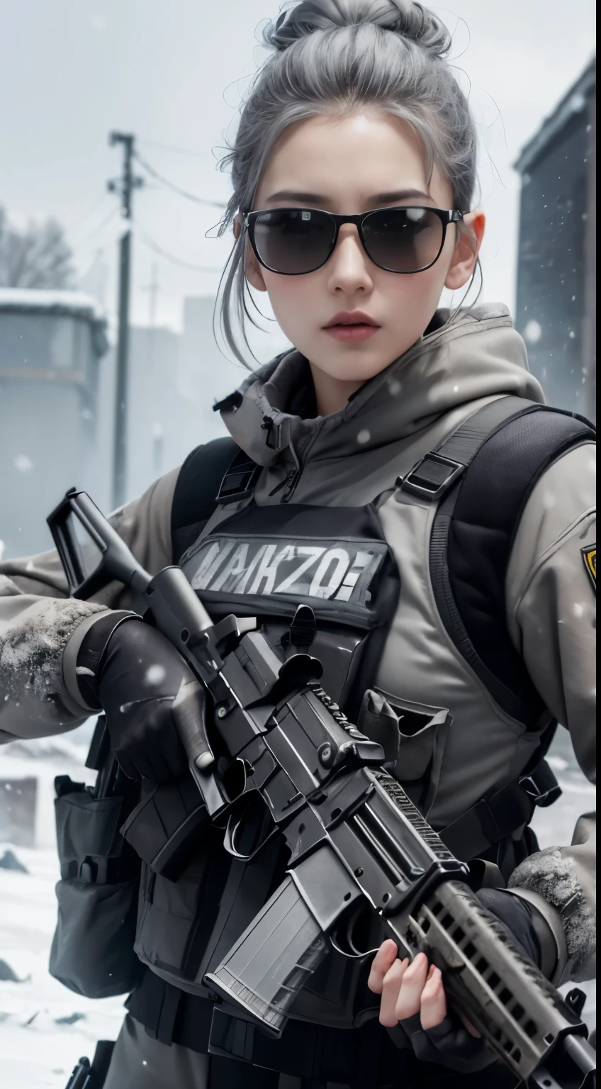 ((highest quality)), (masterpiece), realistic, photorealism, One girl aiming with an ak-47 assault rifle, battle pose, realistic, High resolution,snow background, look at the camera, (detailed face), (gray hair high top decay:1.3), SWAT vest, gun, jewelry,black gloves, sunglasses on head, fingers are blocked