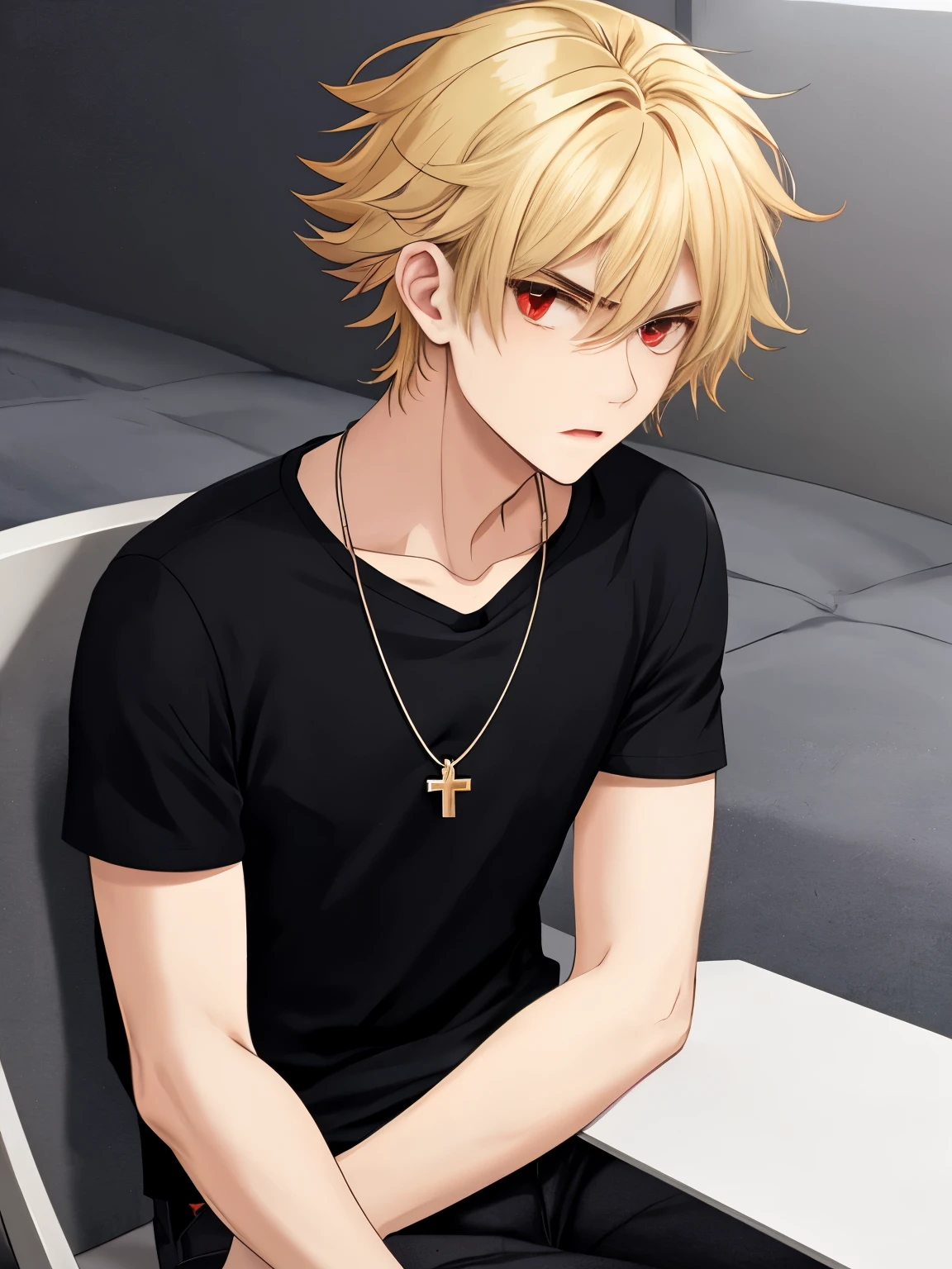 1 boy,solo,20 years old,Sit facing right,,half body photo,Angry expression,cross necklace,handsome,messy hair,Perfect face, detailed face, short hair, blonde hair,black t-shirt, Plain t-shirt,black t-shirt,short sleeve t-shirt,black trousers, Long pants,red eyes,bright red eyes, vampire