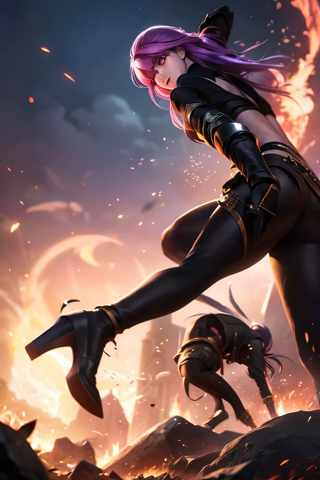 A half-human female character kills a demon, cabelos cacheados castanho.