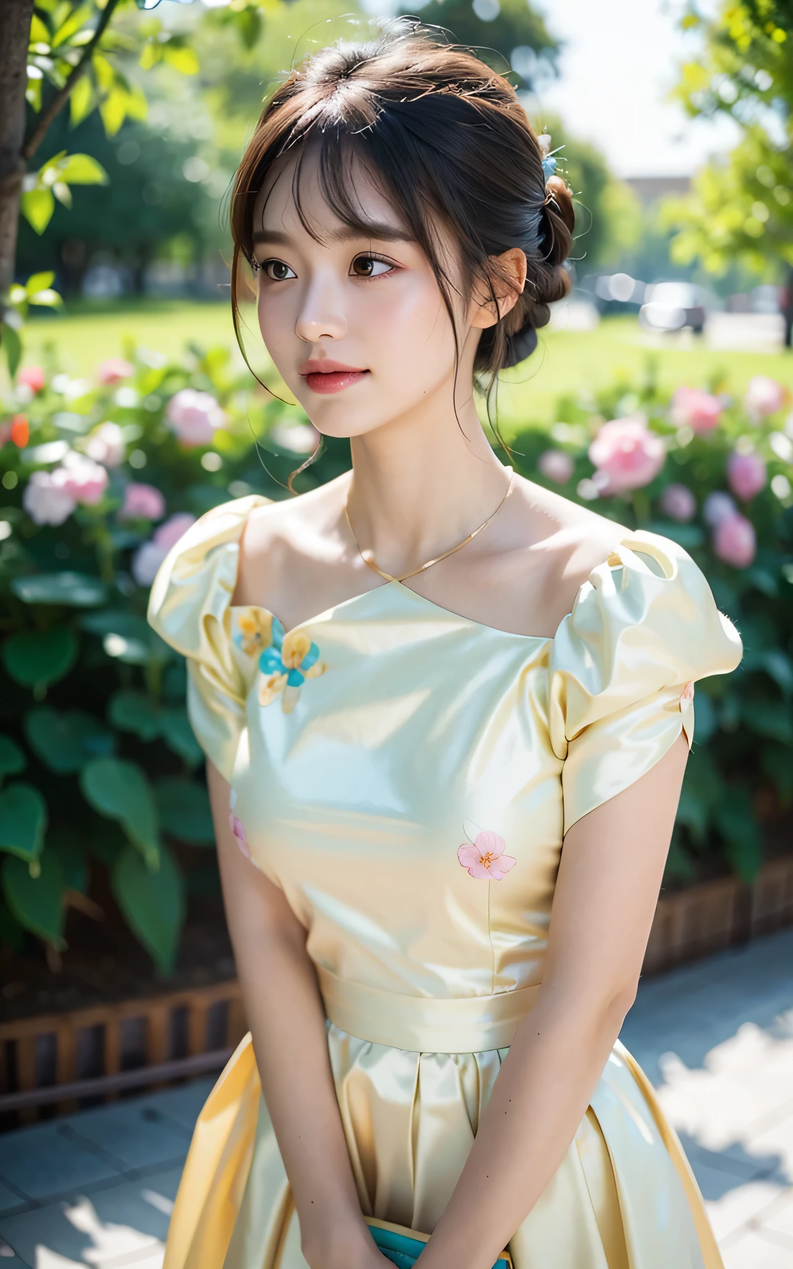 masterpiece, Best Quality, Raw photo, 8K, 1girl, Beautiful detailed skin, backlight, soft light, bashful, embarrassed, smile, Luminescent, Looking away, Anatomically correct, half updo, bangs, Eyes and faces with detailed, Textured skin, Professional Photography, Bokeh, Portrait, Professional Lighting, Solo, petrified, Cute, Girly, Film grain, blouse, skirt, Hill with Spring Flowers,
