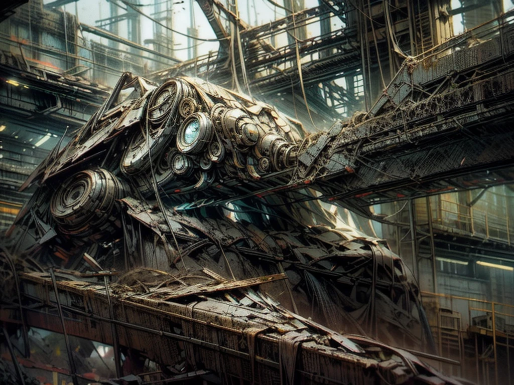 (ultra-detailed) Abandoned Mech, (realistic:1.37) rusty metal, overgrown with vines, shattered glass, twisted wreckage, haunting atmosphere, eerie silence, post-apocalyptic, (HDR) dramatic lighting, (vivid coloruted tones, (bokeh) blurred background, (concept artists) sci-fi aesthetics.
