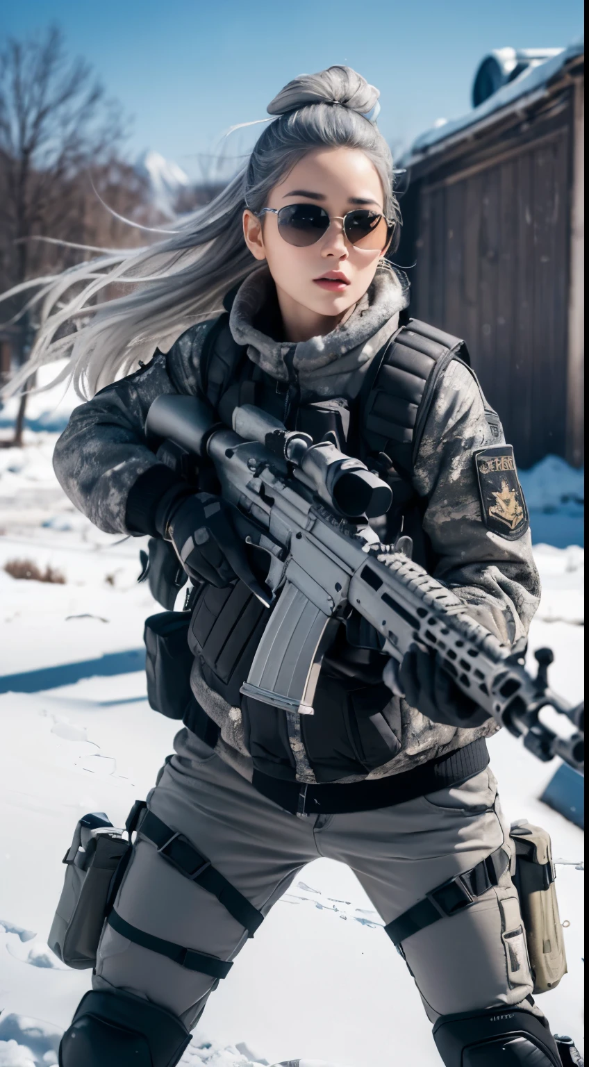 ((highest quality)), (masterpiece), realistic, photorealism, One girl aiming with an ak-47 assault rifle, battle pose, realistic, High resolution,snow background, look at the camera, (detailed face), (gray hair high top decay:1.3), SWAT vest, gun, jewelry，black gloves, sunglasses on head, fingers are blocked