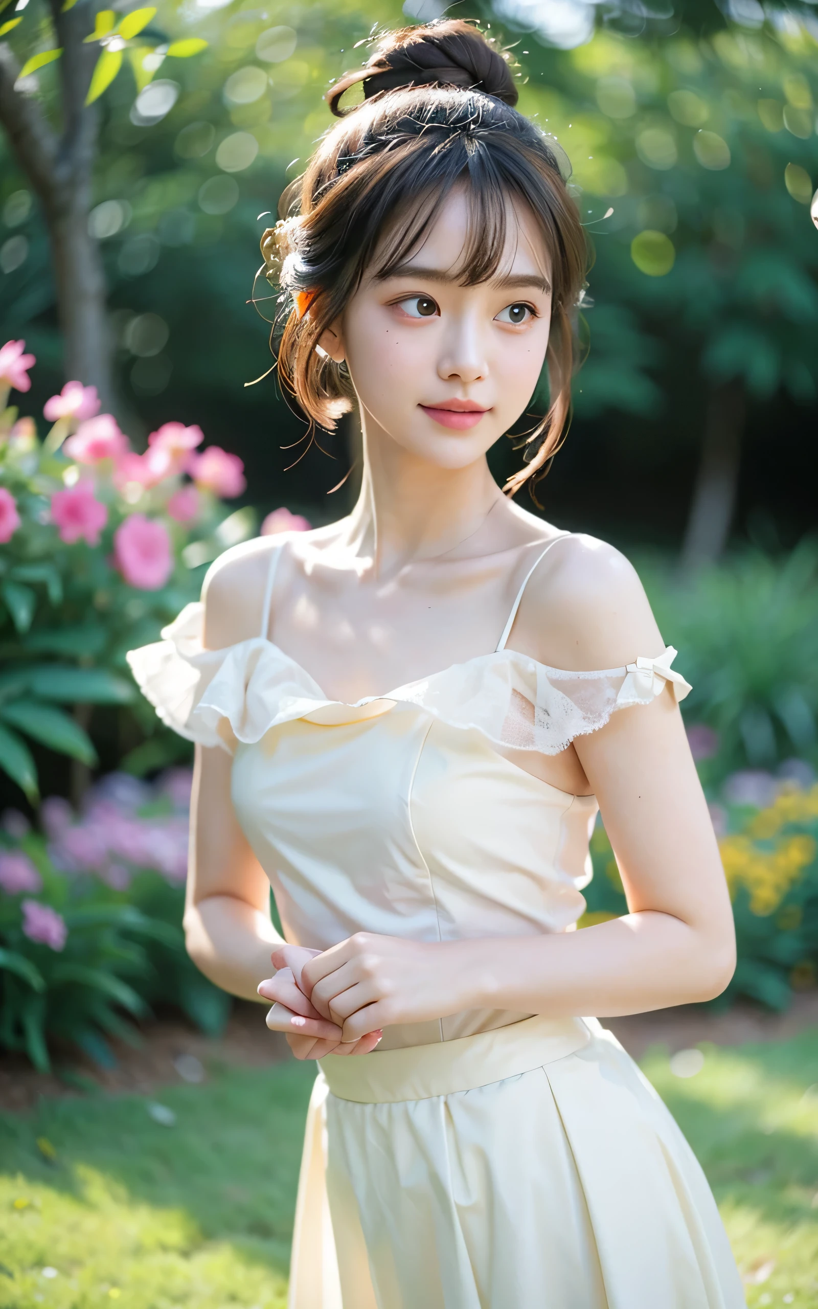 masterpiece, Best Quality, Raw photo, 8K, 1girl, Beautiful detailed skin, backlight, soft light, bashful, embarrassed, smile, Luminescent, Looking away, Anatomically correct, half updo, bangs, Eyes and faces with detailed, Textured skin, Professional Photography, Bokeh, Portrait, Professional Lighting, Solo, petrified, Cute, Girly, Film grain, blouse, skirt, Hill with Spring Flowers,