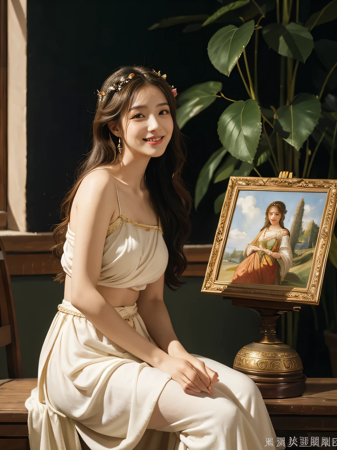 Giorgione painting style,Arguments of two female P、roses in vase、fruits、Cute trinkets、smile、ancient greek costume、Clothes that stretch your shoulders、A big smile、beautiful bare skin,Female painter painting oil in her studio