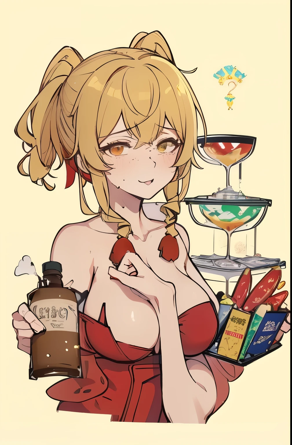 there is a woman that is standing in front of a bunch of liquor, inspired gacha club game, luxury item showcase, anya from spy x family, expensive outfit, by Kanbun Master, pixiv daily ranking, very expensive, , top rated on pixiv, thicc build, ❤🔥🍄🌪, pixiv style, marin kitagawa fanart