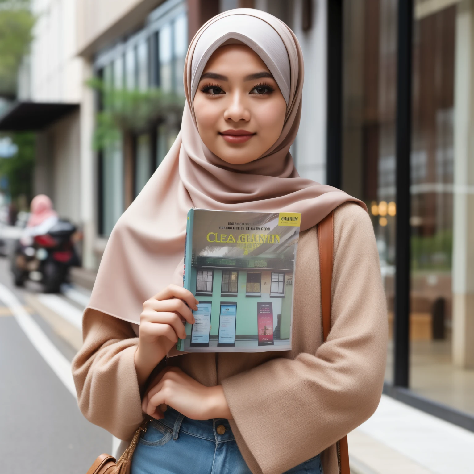 woman in hijab holding a magazine on a city street, cover shot, semi realism, by Ren Renfa, clean face and body skin, cover magazine, clean face, magazine, inspired by Nazmi Ziya Güran, lalisa manobal, hijab, katelynn mini cute style, detailed picture, faridah malik, by Ella Guru