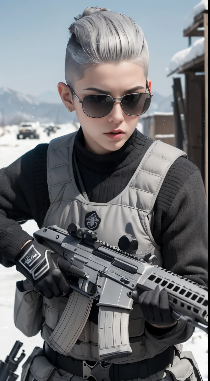 ((highest quality)), (masterpiece), realistic, photorealism, One girl aiming with an ak-47 assault rifle, battle pose, realistic, High resolution,snow background, look at the camera, (detailed face), (gray hair high top fade:1.3), SWAT vest, gun, jewelry,black gloves, sunglasses on head, fingers are blocked
