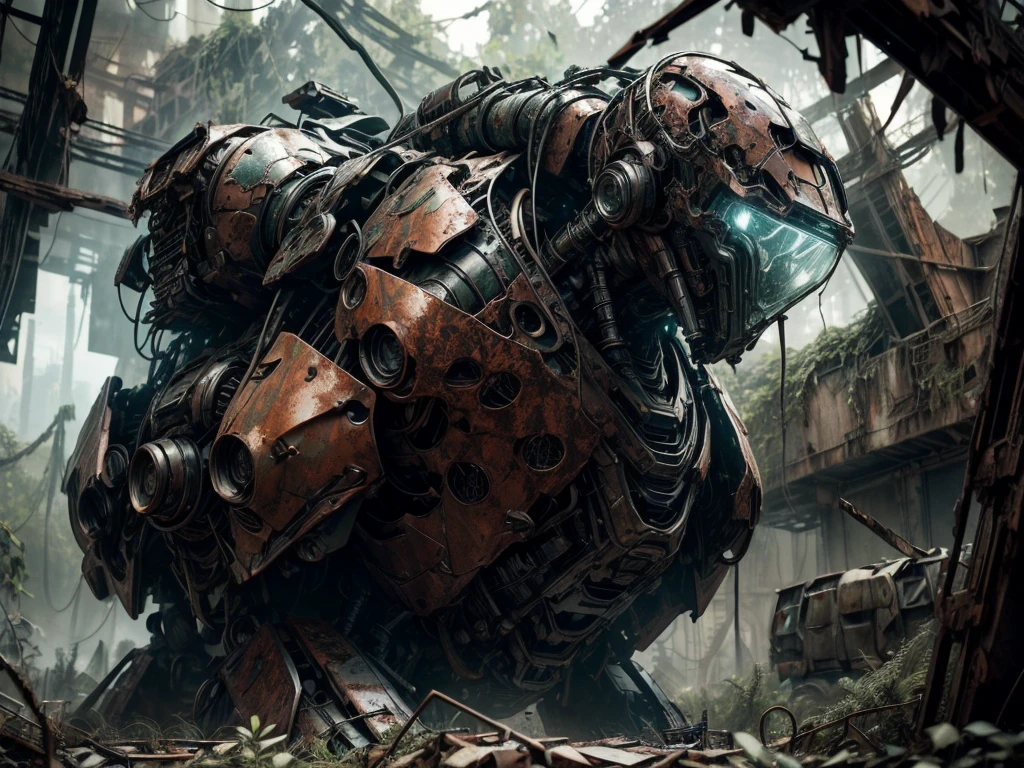 (ultra-detailed) Abandoned Mech, (realistic:1.37) rusty metal, overgrown with vines, shattered glass, twisted wreckage, haunting atmosphere, eerie silence, post-apocalyptic, (HDR) dramatic lighting, (vivid coloruted tones, (bokeh) blurred background, (concept artists) sci-fi aesthetics.