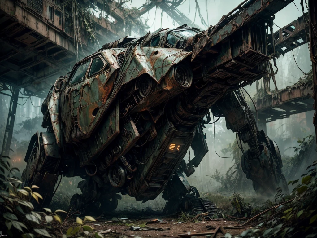 (ultra-detailed) Abandoned Mech, (realistic:1.37) rusty metal, overgrown with vines, shattered glass, twisted wreckage, haunting atmosphere, eerie silence, post-apocalyptic, (HDR) dramatic lighting, (vivid coloruted tones, (bokeh) blurred background, (concept artists) sci-fi aesthetics.