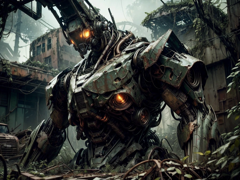 (ultra-detailed) Abandoned Mech, (realistic:1.37) rusty metal, overgrown with vines, shattered glass, twisted wreckage, haunting atmosphere, eerie silence, post-apocalyptic, (HDR) dramatic lighting, (vivid coloruted tones, (bokeh) blurred background, (concept artists) sci-fi aesthetics.