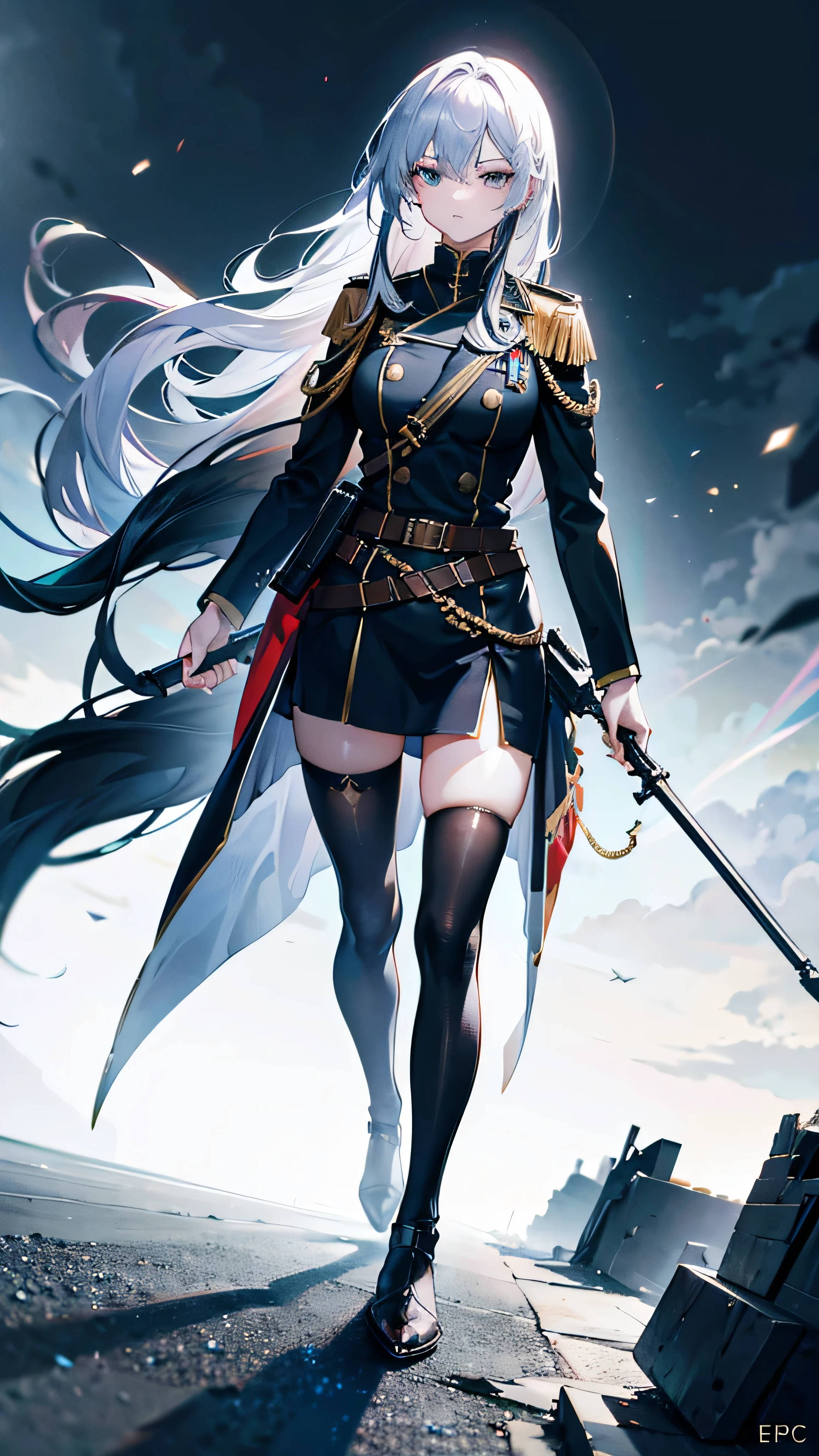 Highres, high quality, Epic atmosphere, stunning 4k artwork featuring a female, eye glowing, long hair ,clothes, female, legwear, modern clothes, military clothes
