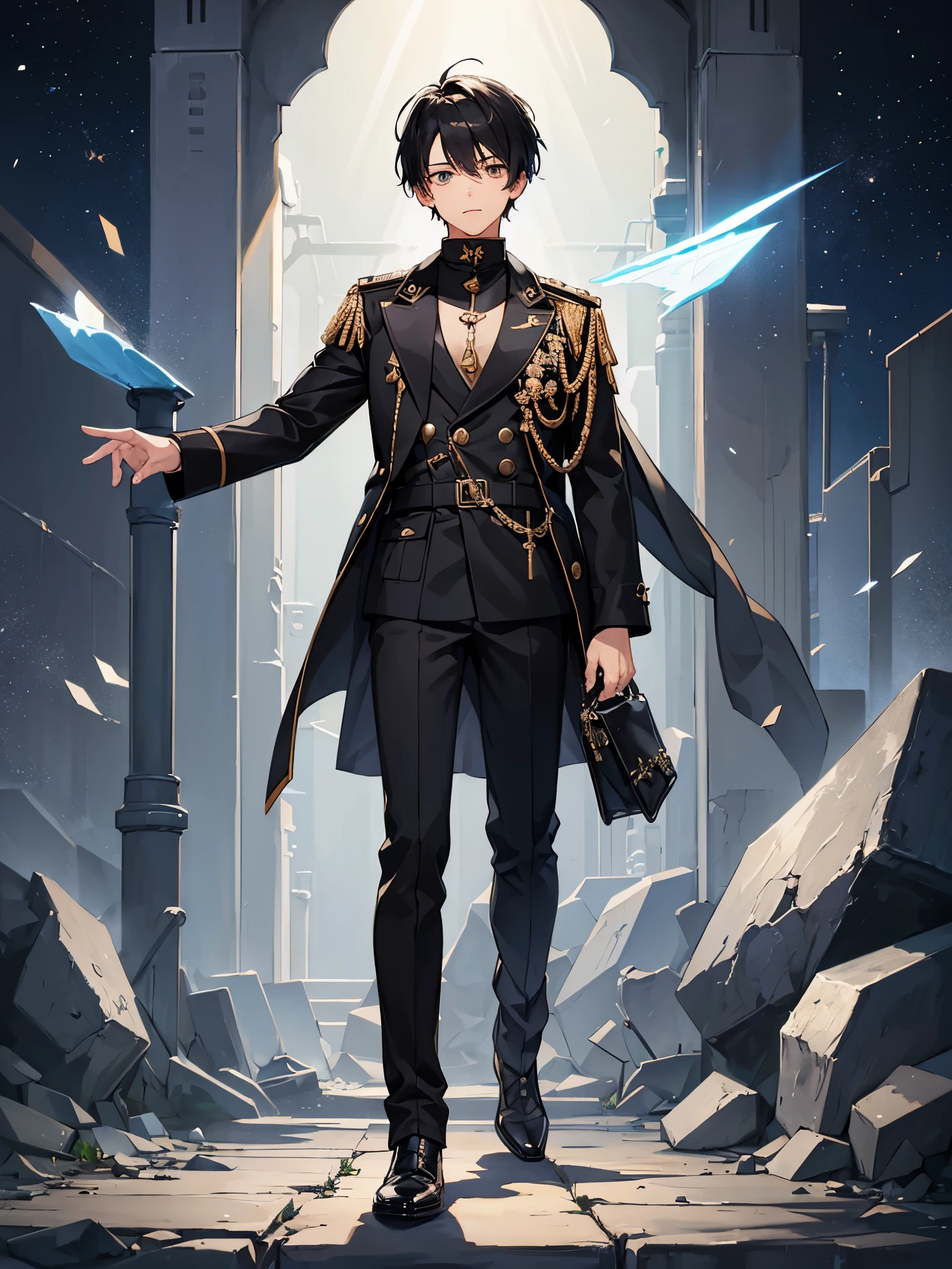 ((a boy)), black hair, silver eyes, ((idol costume)), long boots, ((individual)), ((military jacket)), ((high quality)), ((Shota))