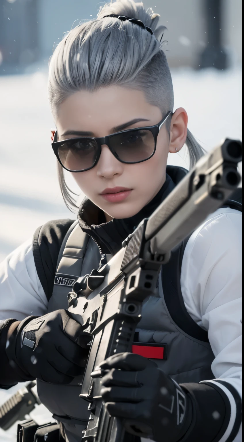 ((highest quality)), (masterpiece), realistic, photorealism, One girl aiming with an ak-47 assault rifle, battle pose, realistic, High resolution,snow background, look at the camera, (detailed face), (gray hair high top fade:1.3), SWAT vest, gun, jewelry,black gloves, sunglasses on head, fingers are blocked