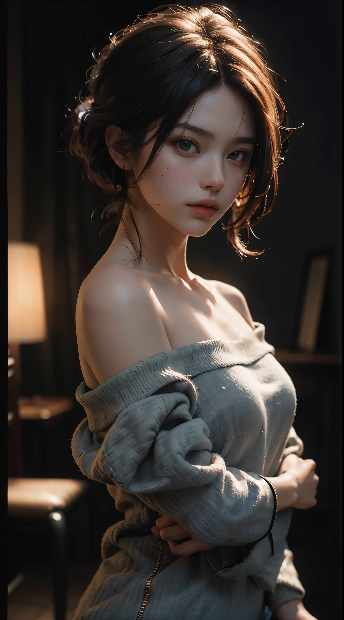 Best quality, masterpiece, ultra high res, (photorealistic:1.4), raw photo, 1girl, off shoulder, cinematic lighting