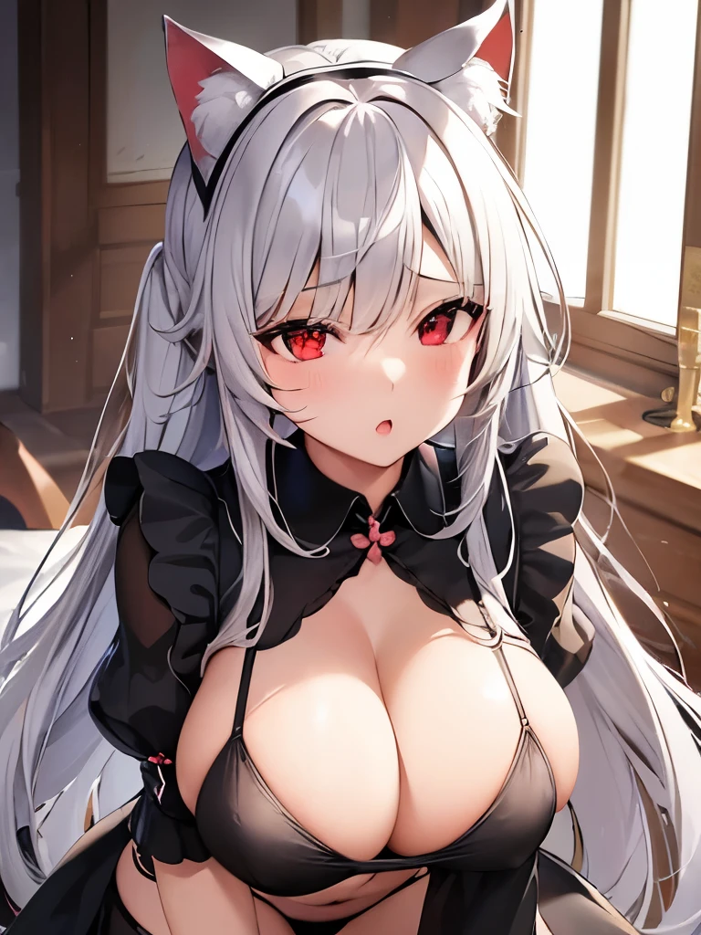 highest quality High resolution one young beautiful woman red eyes Beautiful gray hair medium perm cute soft girl Cat ear Seductive naked black and white cow print underwear dragon girl cosplay enchanting maid outfit breastfeeding service The huge breasts of a virgin killer with amazing charm Sexless breast milk gasp incest Estrus face bbw
