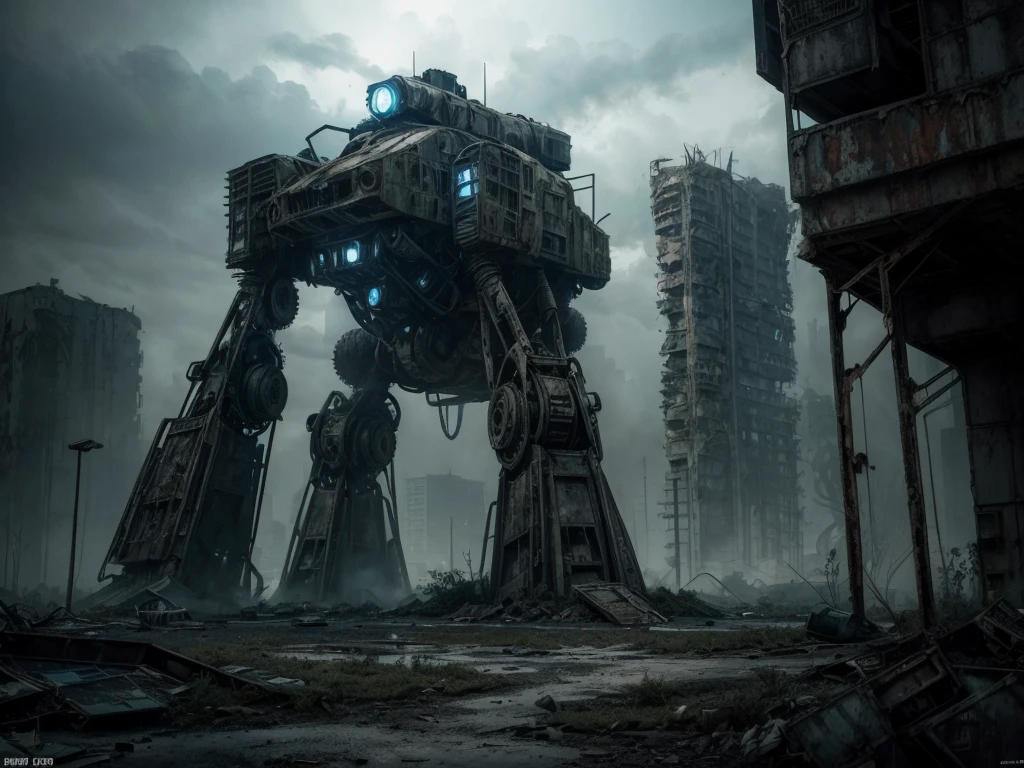 (ultra-detailed) Abandoned Mech, (realistic:1.37) rusty metal, overgrown with vines, shattered glass, twisted wreckage, haunting atmosphere, eerie silence, post-apocalyptic, (HDR) dramatic lighting, (vivid coloruted tones, (bokeh) blurred background, (concept artists) sci-fi aesthetics.