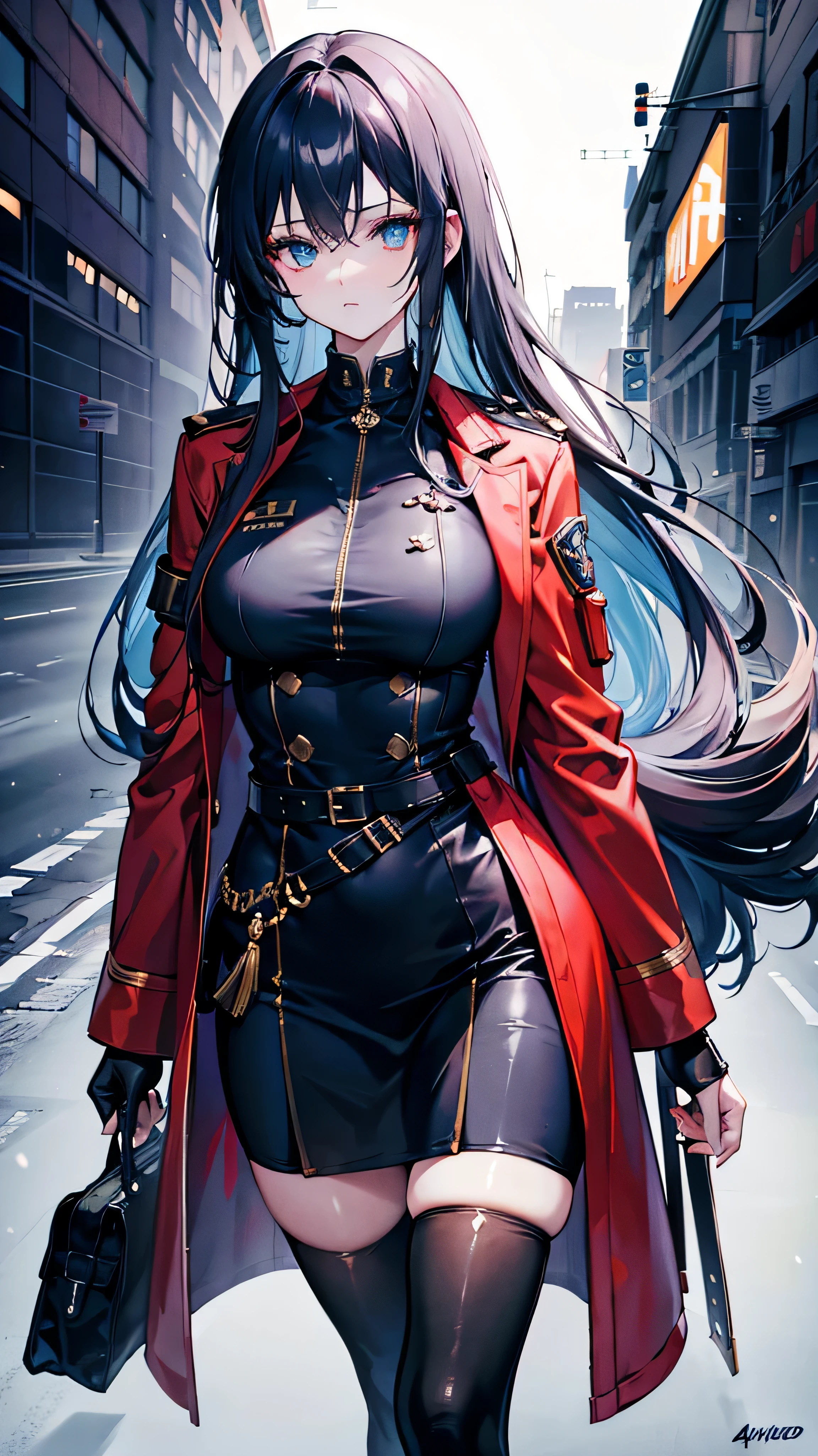 Highres, high quality, Epic atmosphere, stunning 4k artwork featuring a female, eye glowing, long hair ,clothes, female, legwear, modern clothes, military clothes