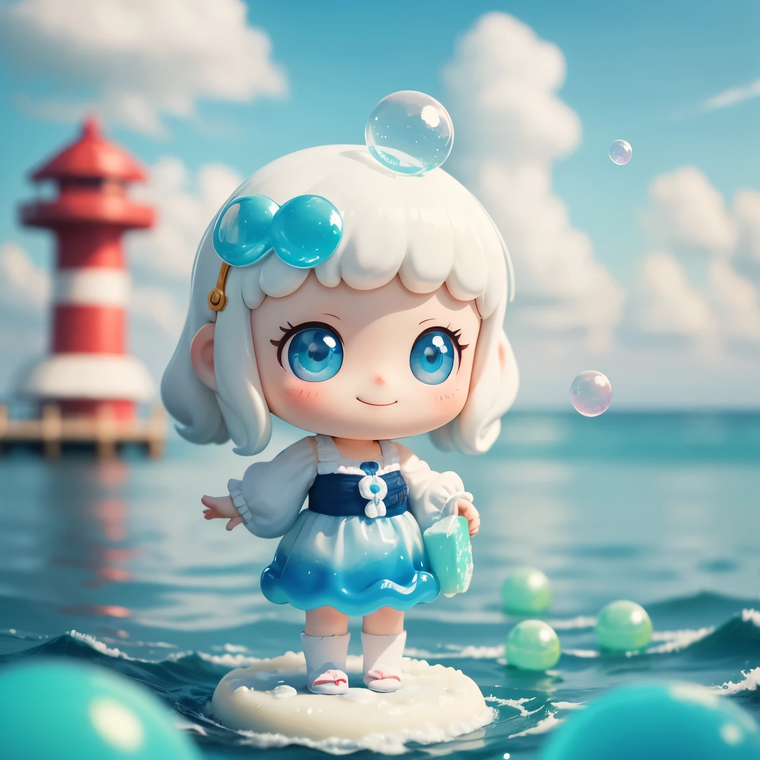 Photoreal、自動シャボン玉製造装置からLots of soap bubblesが出ている、Chibi girl looking happily、smile、seaside park、Lots of soap bubbles