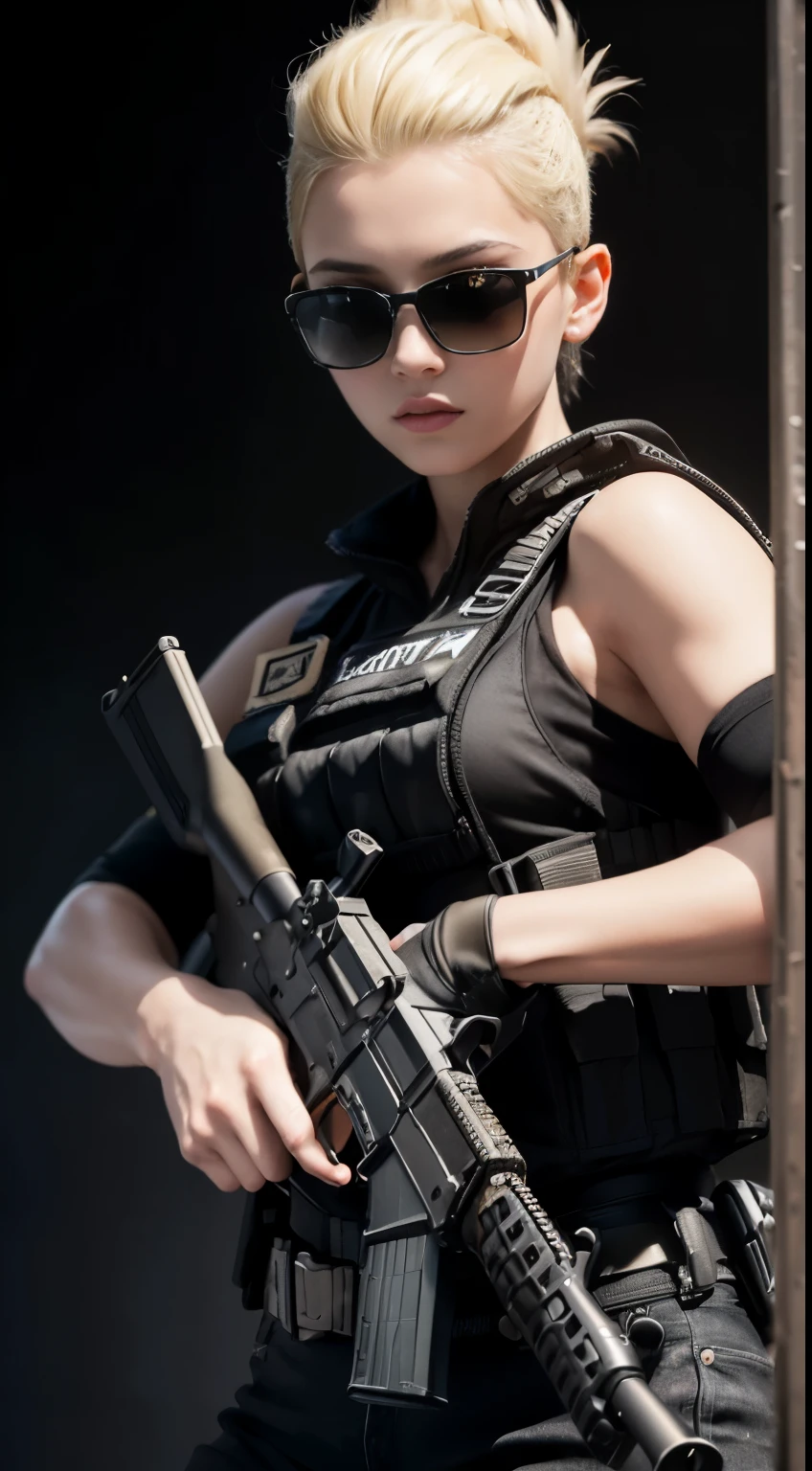 ((highest quality)), (masterpiece), realistic, photorealism, One girl aiming with an ak-47 assault rifle, battle pose, realistic, High resolution,black wall background, look at the camera, (detailed face), (blonde high top fade:1.3), SWAT vest, gun, jewelry,black gloves, sunglasses on head, fingers are blocked