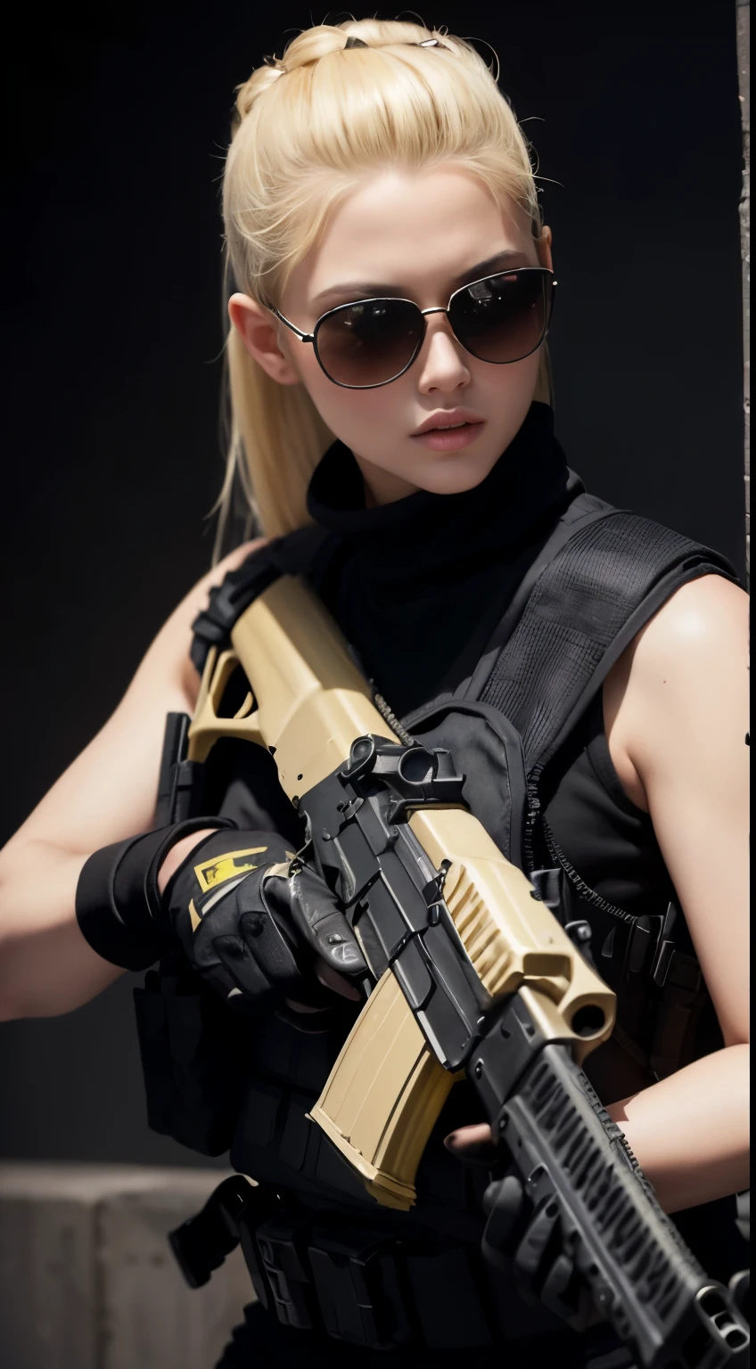 ((highest quality)), (masterpiece), realistic, photorealism, One girl aiming with an ak-47 assault rifle, battle pose, realistic, High resolution,black wall background, look at the camera, (detailed face), (blonde high top fade:1.3), SWAT vest, gun, jewelry,black gloves, sunglasses on head, fingers are blocked