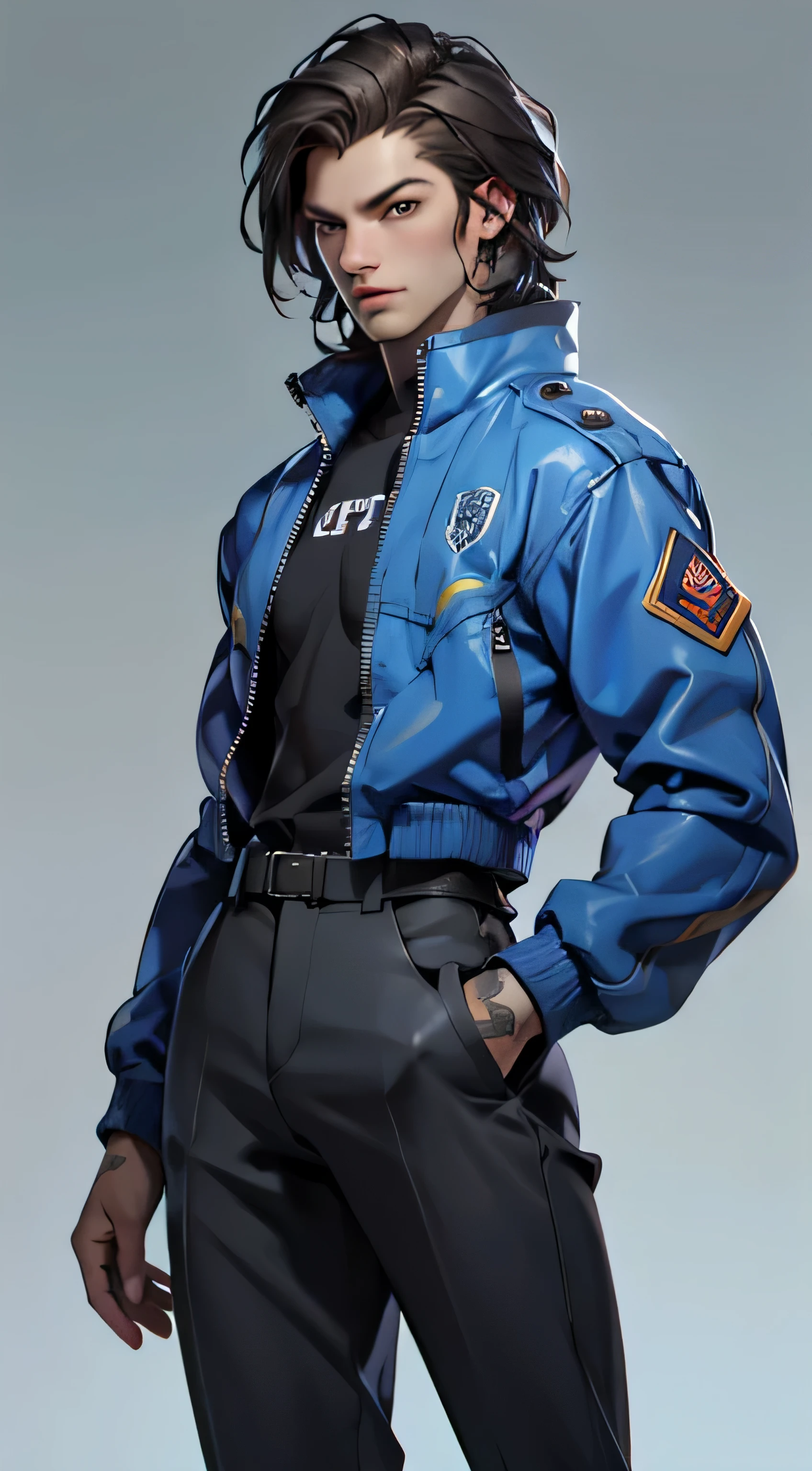 11:23(((best quality: 1.4))),(Unparalleled masterpiece), (Ultra high quality),(Hyper-realistic 8K CG)、(dark hair),(Cross one hand at waist),(Tech mech), ((( Body))), (((1 girl in))), 25-year-old American soldier with perfect Body,,Beautiful and well groomed face,muscular Body:1.2,Solid Royal blue jacket with details, (Pictures from head to thighs), Complex equipment, Royal blue,trousers,The clothes inside are dark,Clothes with armored metal electronic parts, poison tattoo )