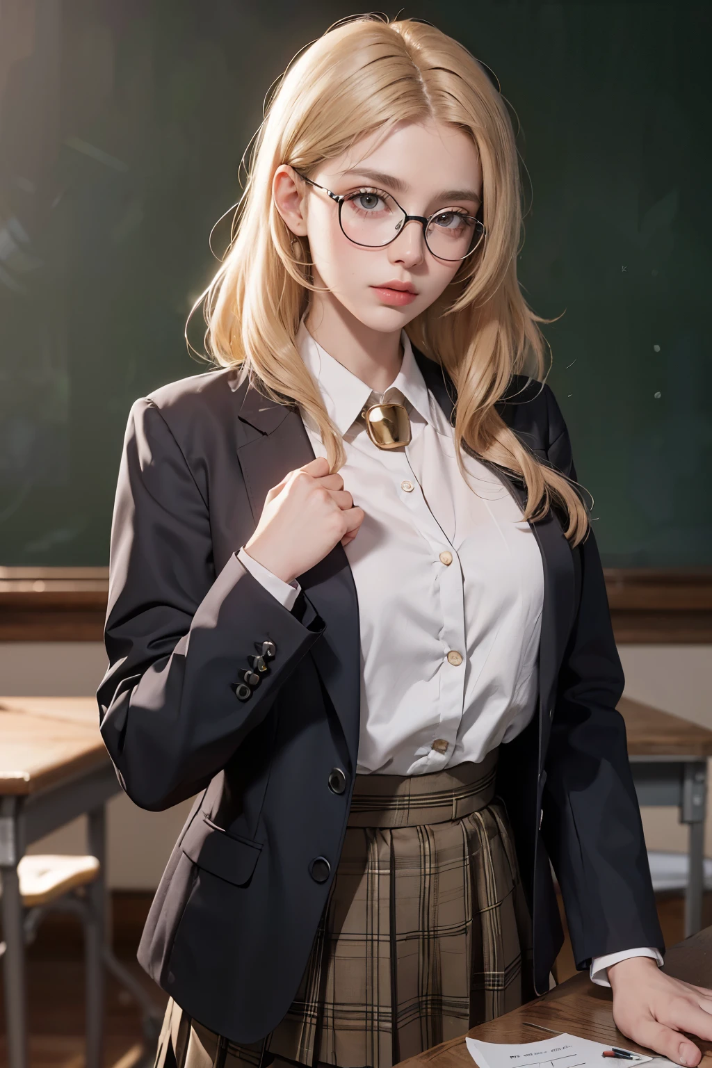 (8K, RAW photo, High sensitivity, Best quality, Extremely detailed hair, Masterpiece, ultra high resolution, Photorealistic:1.25) , thin frame glasses, frontage, 1girll, The profession is a teacher,Uniforms, Dark gray open jacket, Dark gray blazer, Pleated skirt, Plaid skirts, ash blond hair, Gold-tone round glasses, at class room, There was a blackboard behind him,There are mathematical formulas on the blackboard,Detailed portrayal