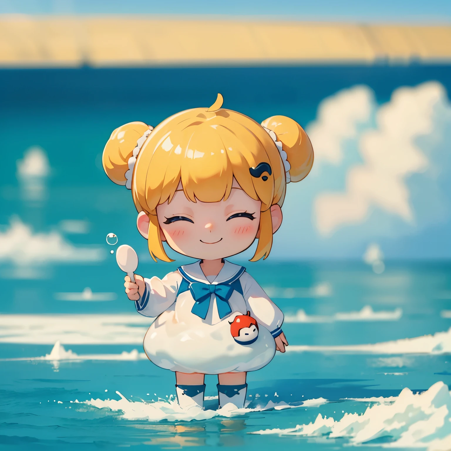 Photoreal、自動シャボン玉製造装置からLots of soap bubblesが出ている、Chibi girl looking happily、smile、seaside park、Lots of soap bubbles