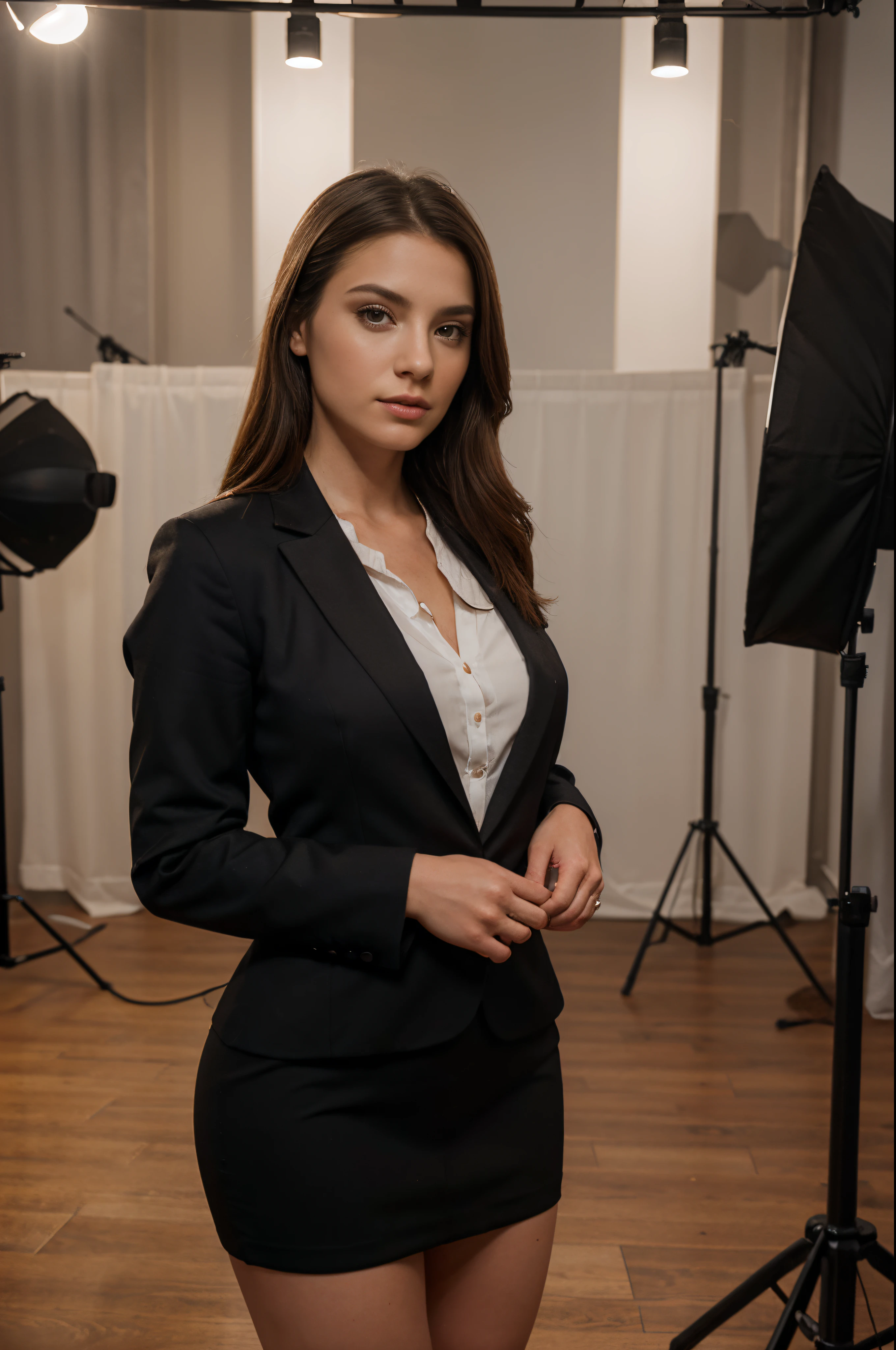 8k, highest quality, ultra details, Euro-American woman, young, realistic, modern days, formal attire, studio lighting, professional setting
