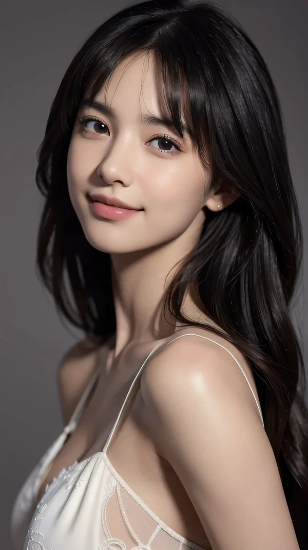 (RAW photo, highest quality)(8k, highest quality, masterpiece: 1.2), Super detailed, super resolution, (realistic, realistic photo: 1.37), portrait, High resolution RAW color photos, professional photos, Beautiful in high resolution, very delicate and beautiful, 8k image wallpaper, amazing details, huge file size, high detailed beautiful girl, Super detailed face, very fine eyes, Very fine skin, very small nose, highly detailed mouth, perfect anatomy, simple background, 1 girl, (20:1.2), 20 generations, pretty girl, bangs, smile, wonderful, dress, realistic body, glowing skin, wavy black hair, face, lively face, delicate eyes, source order, look at me, ((positive)), (Fair skin), waist shot, bangs, round face, smile, close up of face, very delicate and beautiful, finely, masterpiece,