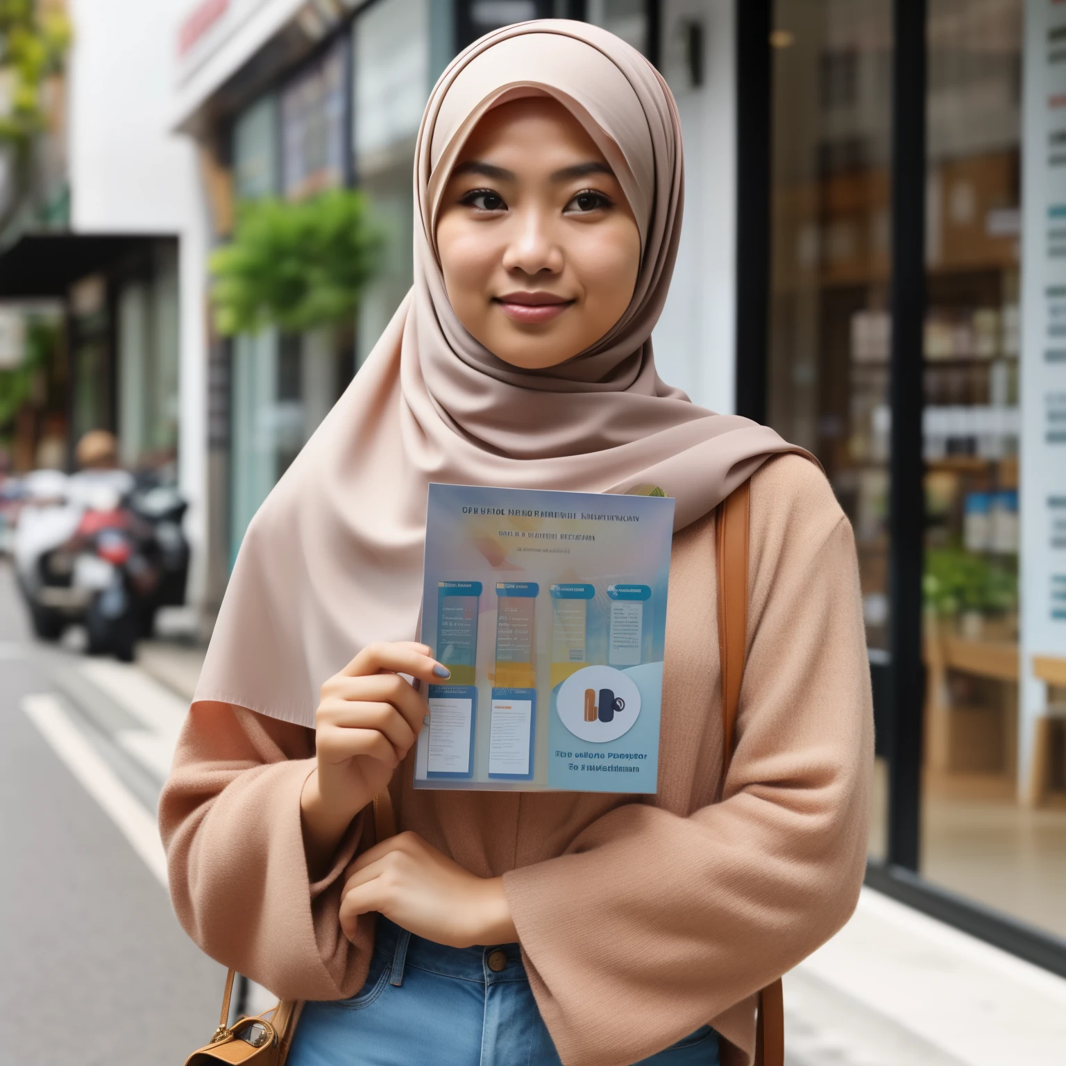 (((FULL BODY))), photo of an Indonesian hijab woman holding a brochure with one hand on A5 paper size who appears to be offering something, front view, background in front of a shop