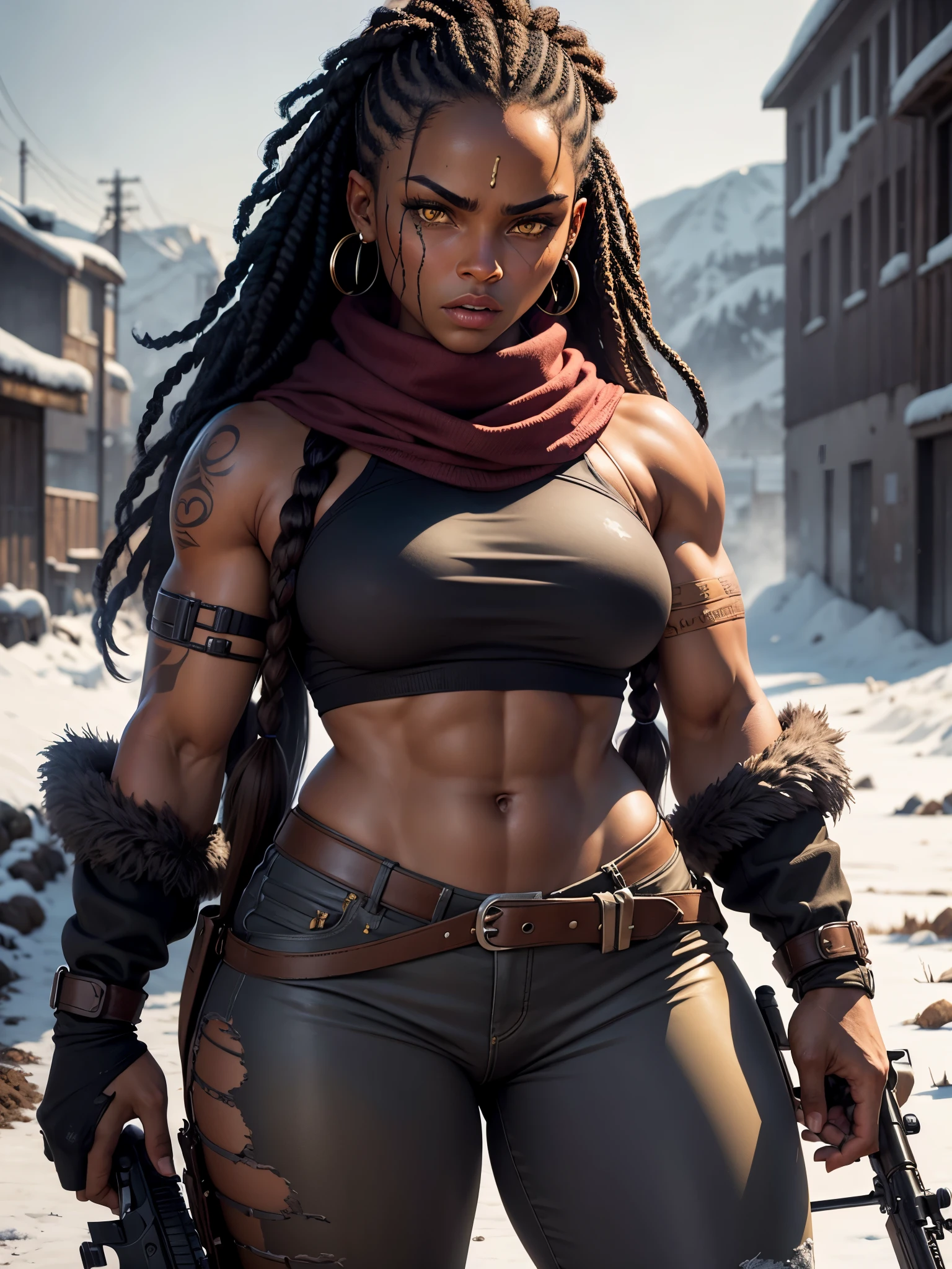 best quality,ultra-detailed,portrait, muscular, Aissa Maiga mixed with Tika Sumpter holding rifle, big woman, 3501bs, dirty, muscular thighs, woolly braided hair, very dark skin, face tattoos, beautiful detailed yellow eyes, beautiful dry lips, tribal tattoos on face, detailed long woolly braided hair, blood soaked t-shirt with scarf, balaclava under neck, dirty pants, mercinary, cold, snowy atmosphere, blood in the snow, desolate landscape, freezing, breezy winter night, icy road, bare trees, abandoned vehicles, angry expression, sharp focus on the old rusty rifle, metallic texture, crisp, high contrast, cool color tones, dramatic lighting