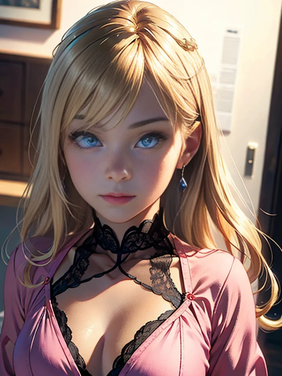 (photo-realistic:1.4), (master masterpiece, Side Light, Fine and beautiful eyes: 1.2), master masterpiece*portrait, real, 3D face, Luminous eyes, shiny hair, Skin luster, One person, ashamed, (epigastrium), Very fine lace underwear in pink color, Blonde hair、Long sleeves、long hair、