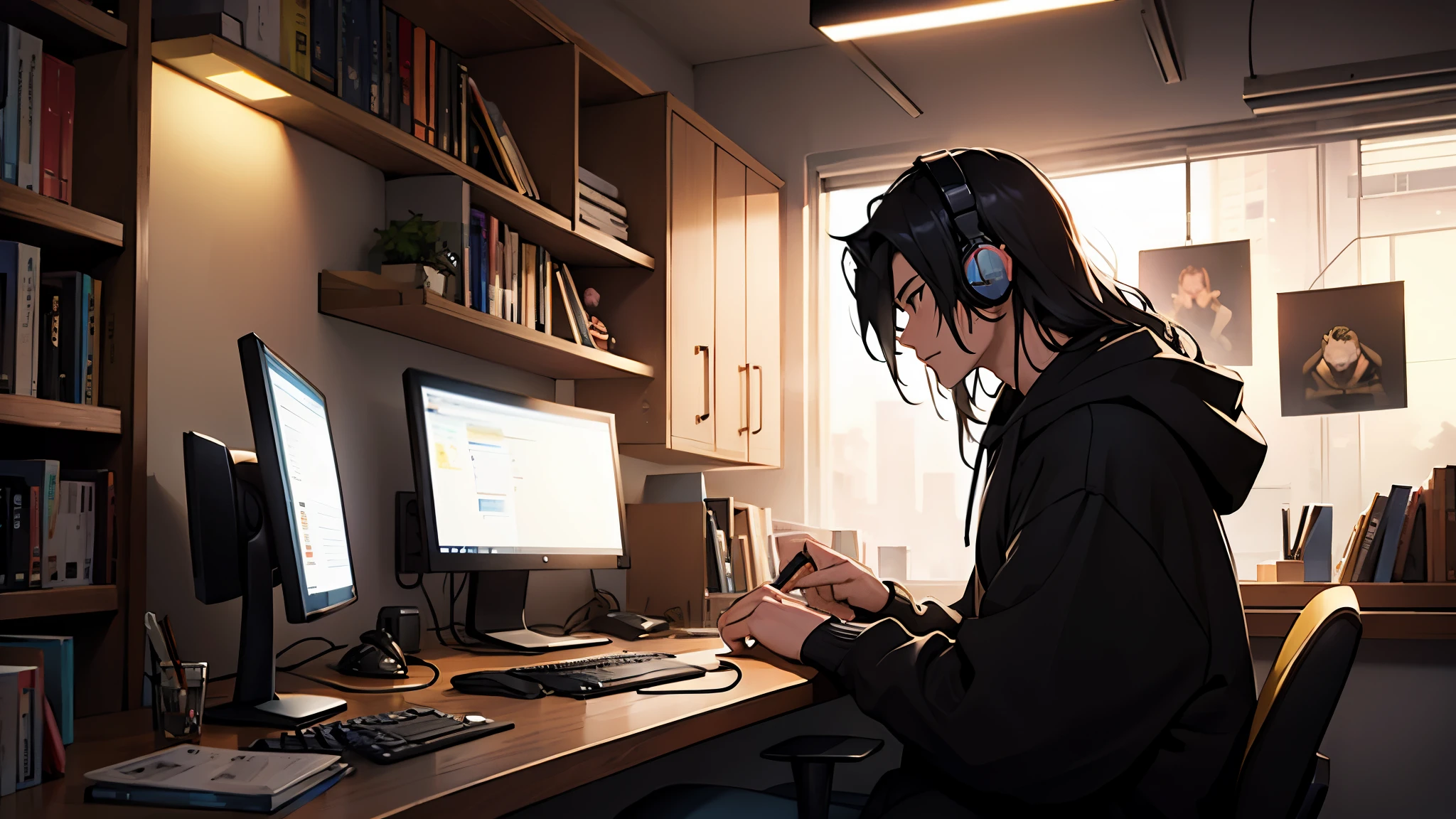 A young man working in front of a computer、dark room、wearing headphones、handsome man with long hair、2D、anime、bookshelf、indirect lighting、black hoodie、night、room without windows