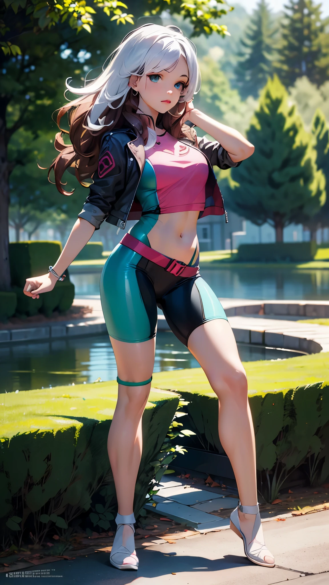 masterpiece, extremery magnificent view, perspective, extremery best quality, extremery detailed CG, 8k wallpaper, high resolution, highly detailed face, highly detailed eyes, perfect anatomy, super detailed skin, (dynamic angle, dynamic pose:1.2), outdoors, park, tree and pond, (portrait, legs focus, full body), (beautiful face, beautiful eyes, beautiful legs:1.3), 1 girl, solo, sonia, medium breasts, aqua eyes, slender, high quality eyes, beautiful eyes, bike shorts, 3/4 body view, pink and grey top, pink and grey bike shorts