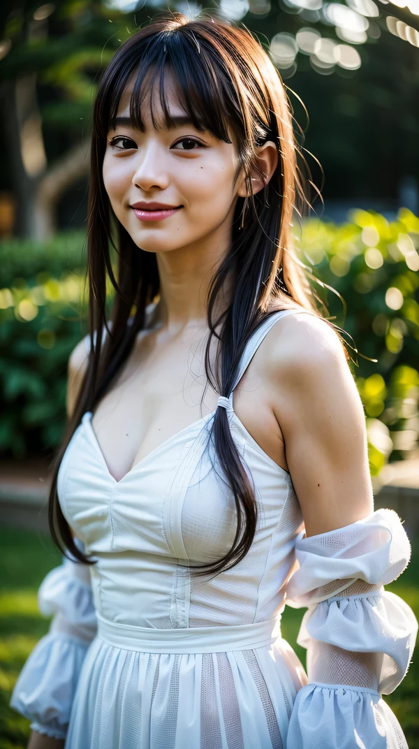 (RAW photo, highest quality)(8k, highest quality, masterpiece: 1.2), Super detailed, super resolution, (realistic, realistic photo: 1.37), portrait, High resolution RAW color photos, professional photos, Beautiful in high resolution, very delicate and beautiful, 8k image wallpaper, amazing details, huge file size, high detailed beautiful girl, Super detailed face, very fine eyes, Very fine skin, very small nose, highly detailed mouth, perfect anatomy, simple background, 1 girl, (20:1.2), 20 generations, pretty girl, bangs, smiling, fantastic, dress, realistic body, glowing skin, wavy black hair, baby face, lively face, delicate eyes, source order, look at me, ((positive)), (Fair skin), waist shot, bangs, round face, smile, close up of face, very delicate and beautiful, finely, masterpiece,