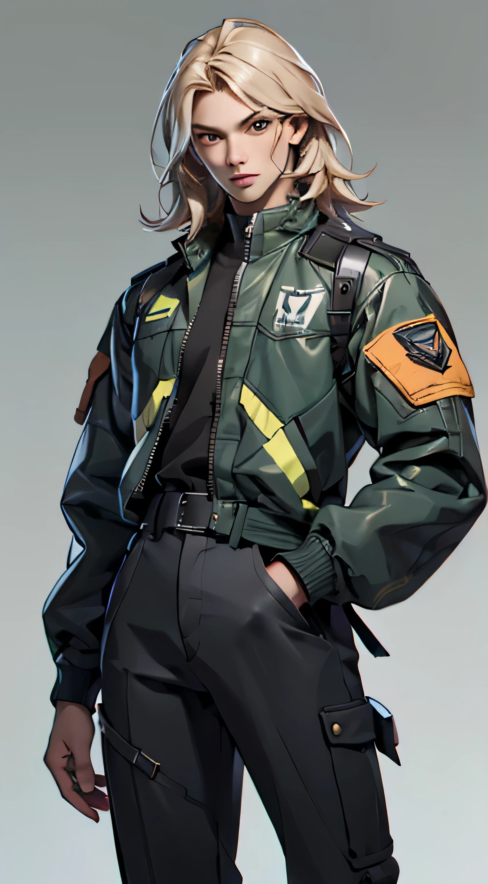 11:23(((best quality: 1.4))),(Unparalleled masterpiece), (Ultra high quality),(Hyper-realistic 8K CG)、（light hair），（Cross your waist with one hand），（Tech mech）， ((( Body))), (((1 girl in))), 25-year-old American soldier with perfect Body,,Beautiful and well groomed face,muscular Body:1.2,Solid 宝蓝色 jacket with details, (Pictures from head to thighs)， Complex equipment, Tachibana，trousers，The clothes inside are dark，Clothes with armored metal electronic parts