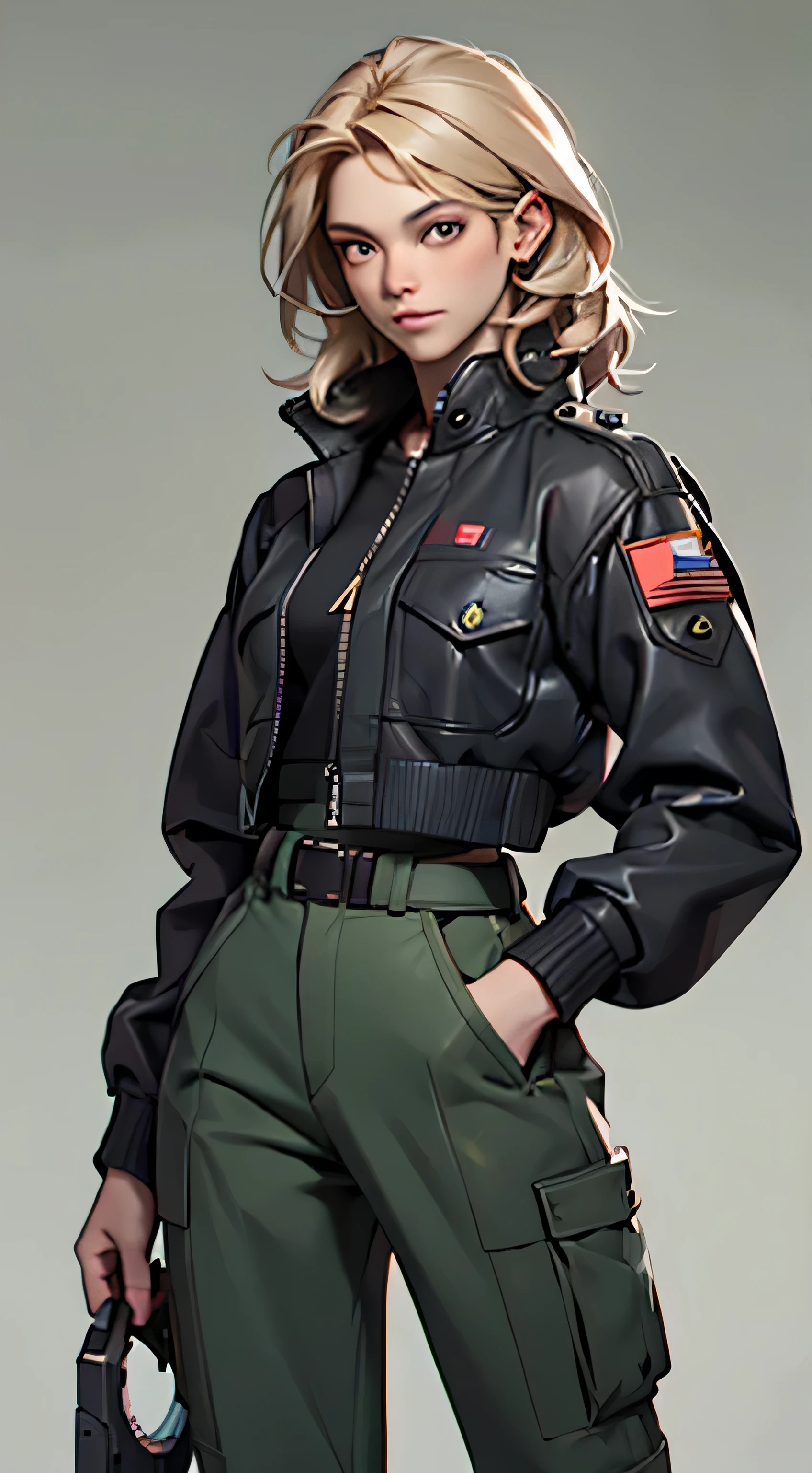 11:23(((best quality: 1.4))),(Unparalleled masterpiece), (Ultra high quality),(Hyper-realistic 8K CG)、(light hair),(Cross your waist with one hand),(Tech mech), ((( Body))), (((1 girl in))), 25-year-old American soldier with perfect Body,,Beautiful and well groomed face,muscular Body:1.2,Solid 宝蓝色 jacket with details, (Pictures from head to thighs), Complex equipment, Tachibana,trousers,The clothes inside are dark,Clothes with armored metal electronic parts