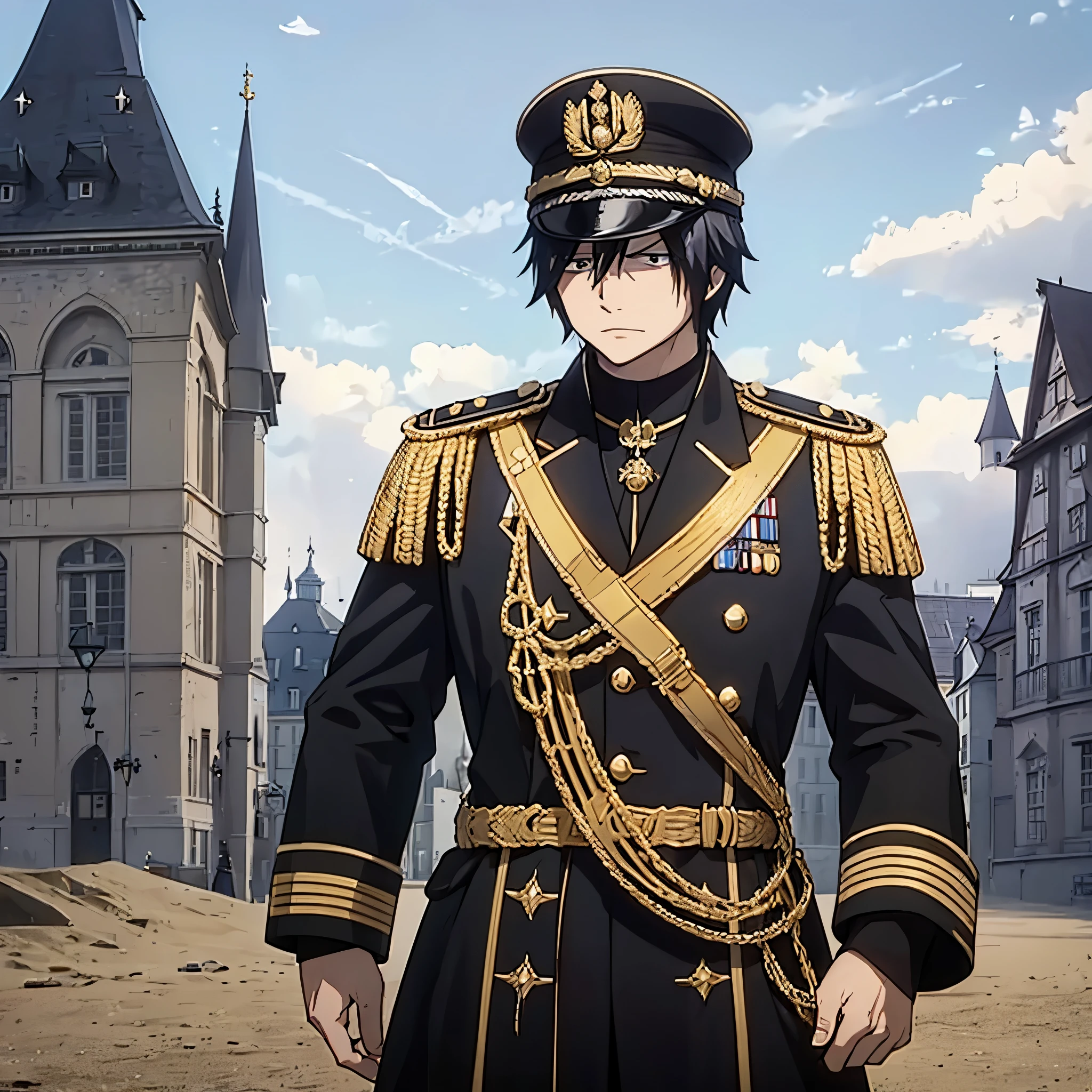 A man wearing black Old Prussian military uniform with gold trim, wearing Prussian Pickelhaube helm, outside a German castle