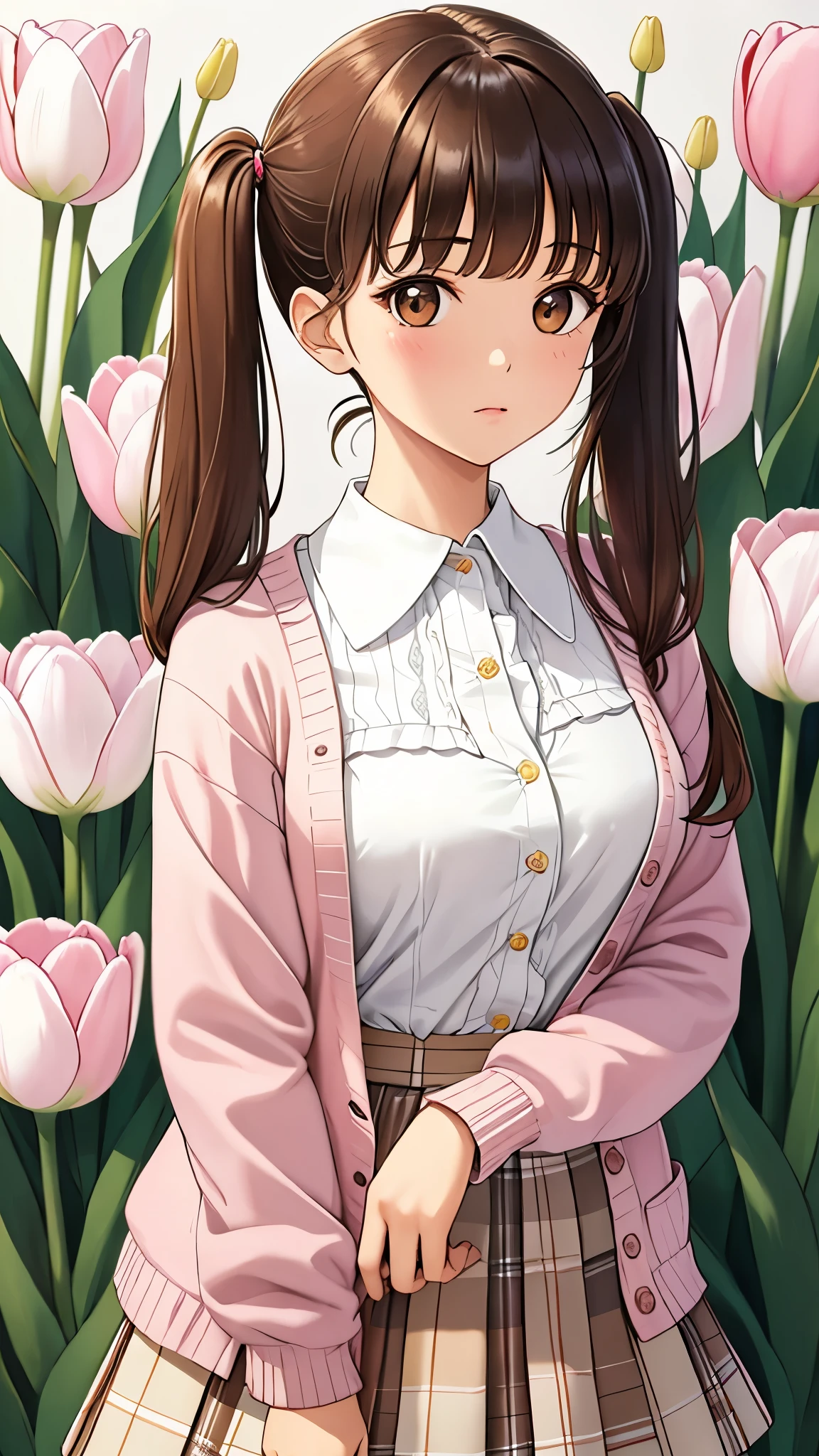 (masterpiece, highest quality), Super detailed, 1 female, whole body, looking at the camera, bangs bangs, twin tails, Inward roll, Round collar blouse, pastel pink cardigan, brown check skirt, have tulips, simple background, white background detailed face