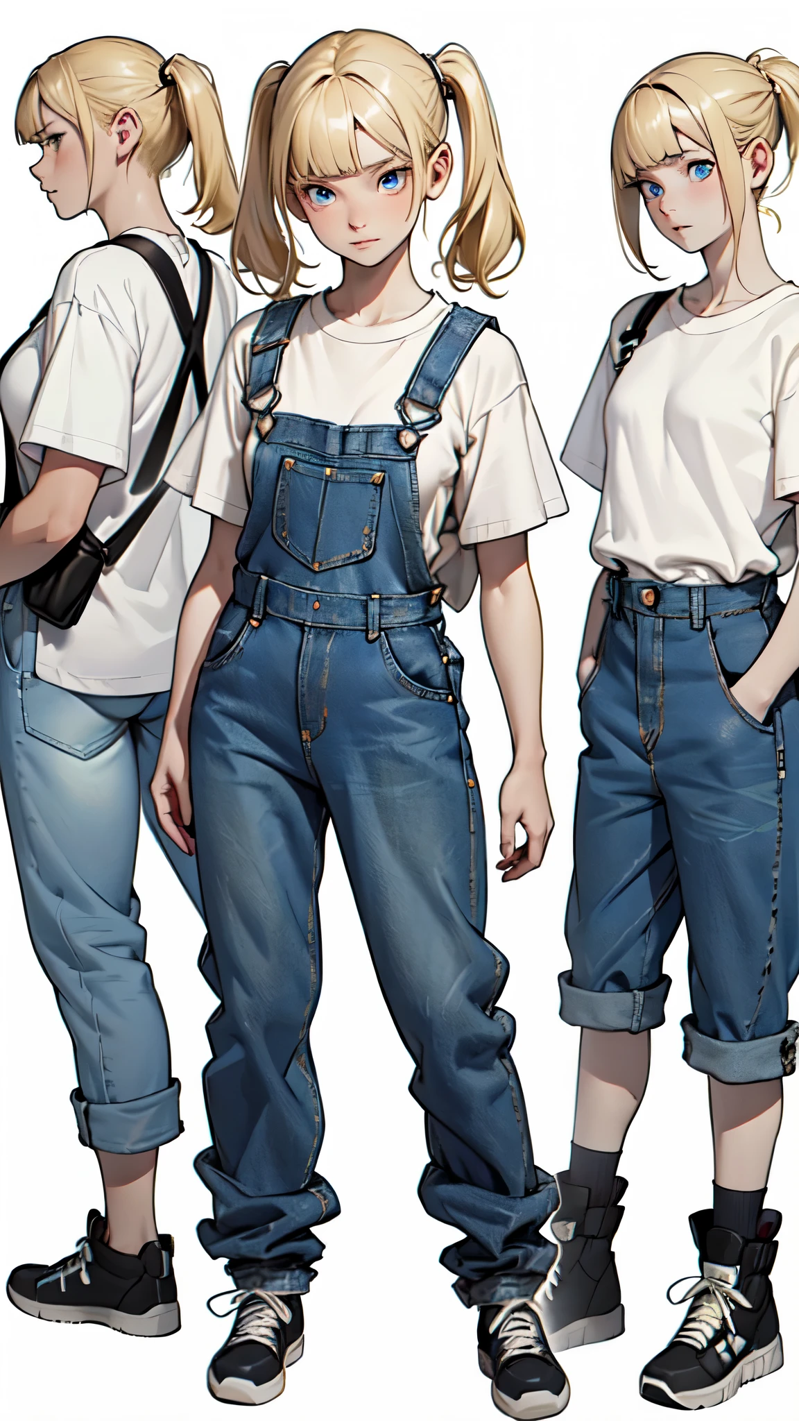 (absurdres, highres, ultra detailed),(absurdres, highres, ultra detailed), 1 girl, ((14 year old)), finely detailed eyes and detailed face, warm smile, (low single side twintail bum with blunt bangs hairstyle), (((wearing a white T-Shirt beneath a jeans baggy denim shortall))), sneakers, cute expression, ((anime character sheet)), (((full body))), (several poses and expressions), blue eyes, ((blonde hair)), dynamic pose, (((pale skin))), white background