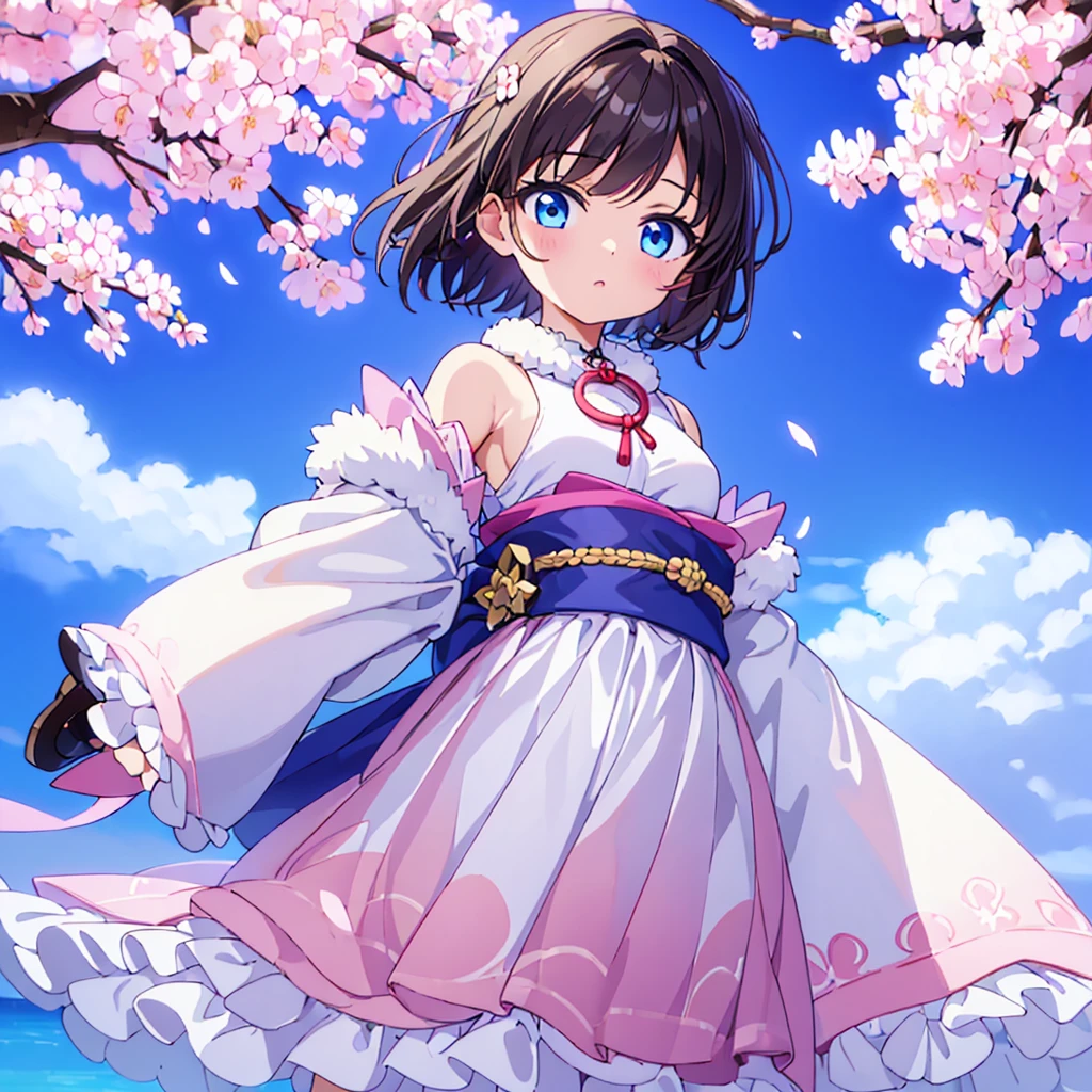 (masterpiece)、(highest quality)、(white background)、(simple background)、(perfect hands)、(10 year old girl)、(1 person)、luster、cherry blossoms、small breasts、Carry a Japanese sword on your waist、fur coat、belly button、blue eyes、short hair、brown hair