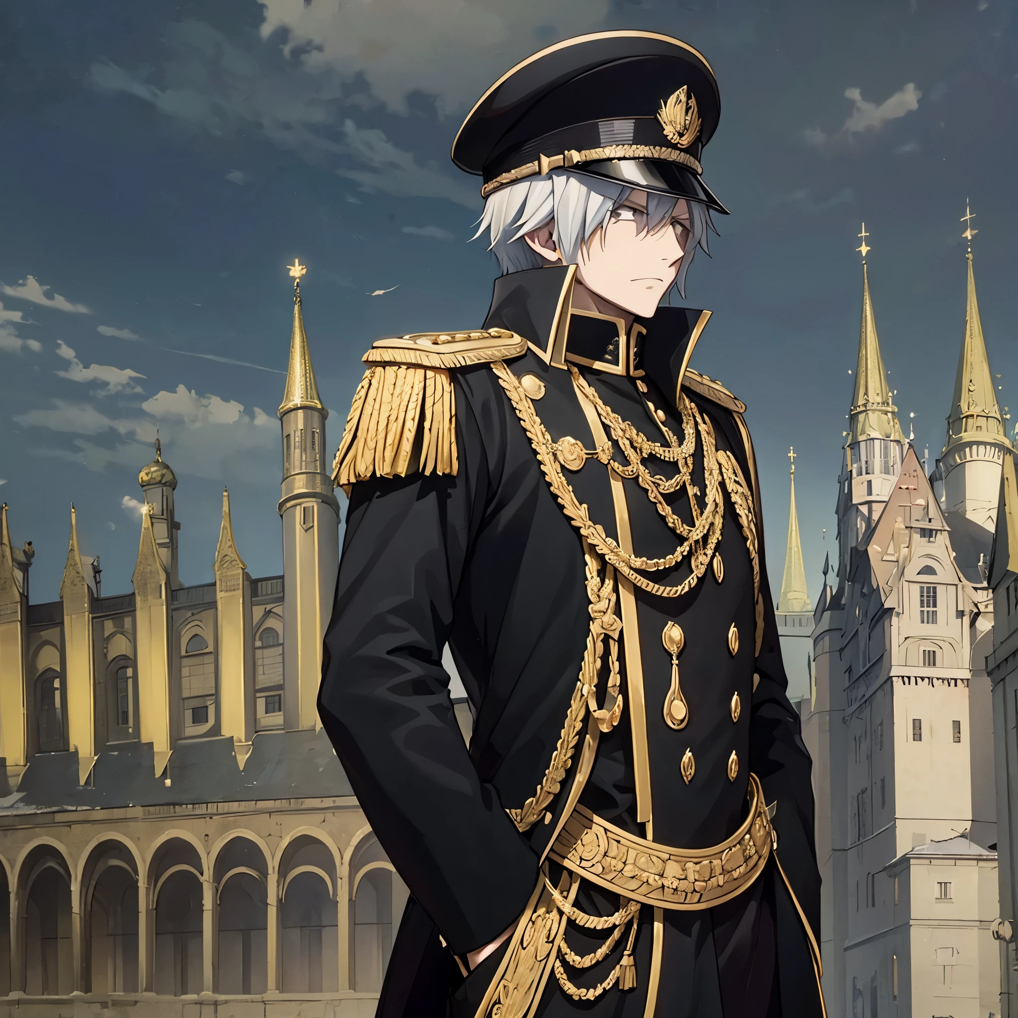 A man wearing black Old Prussian military uniform with gold trim, wearing Prussian Pickelhaube helm, hair black, outside a German castle
