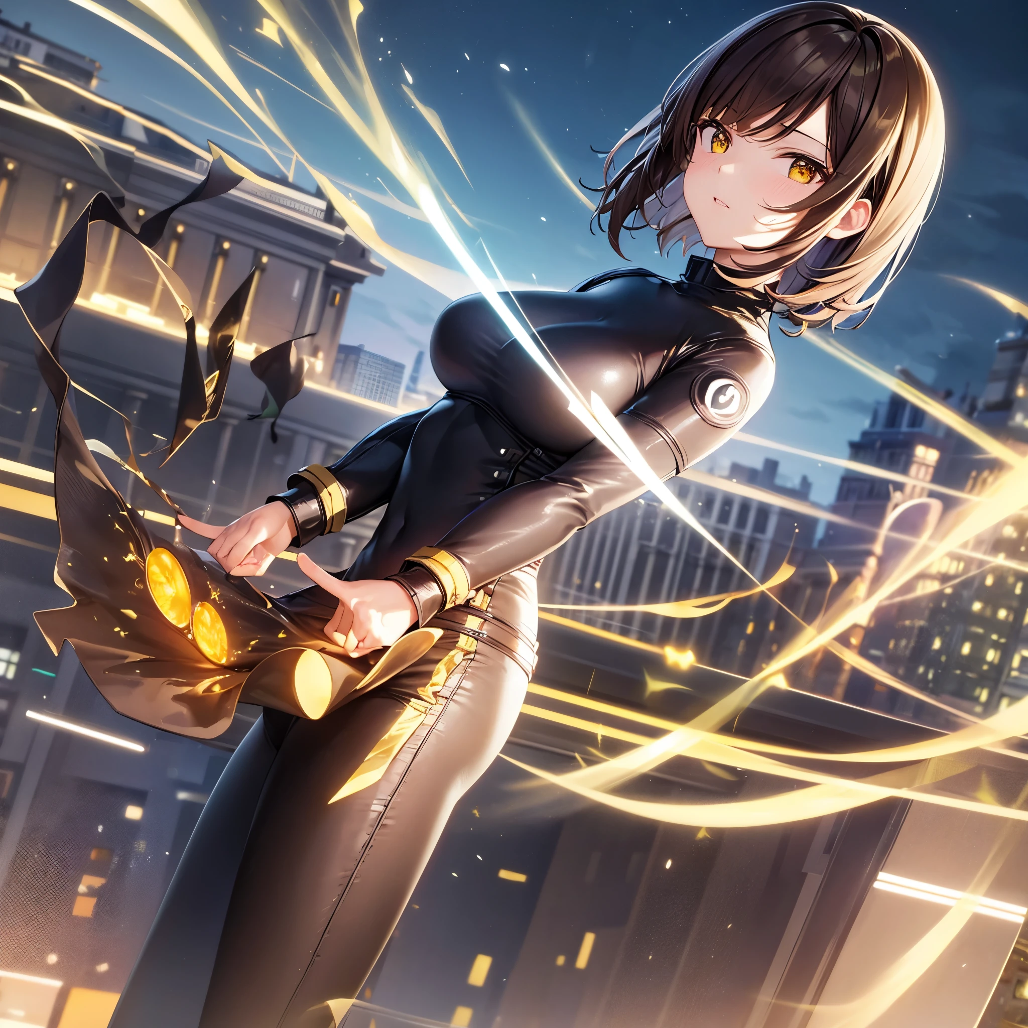 The highest quality overall (lidarsuits rider suits top quality) brown hair big breasts (hairstyle bob cut 4k) Yellow eye (background london,night sky,building,Highest quality fluorescent lamps) (body body top quality 2k)