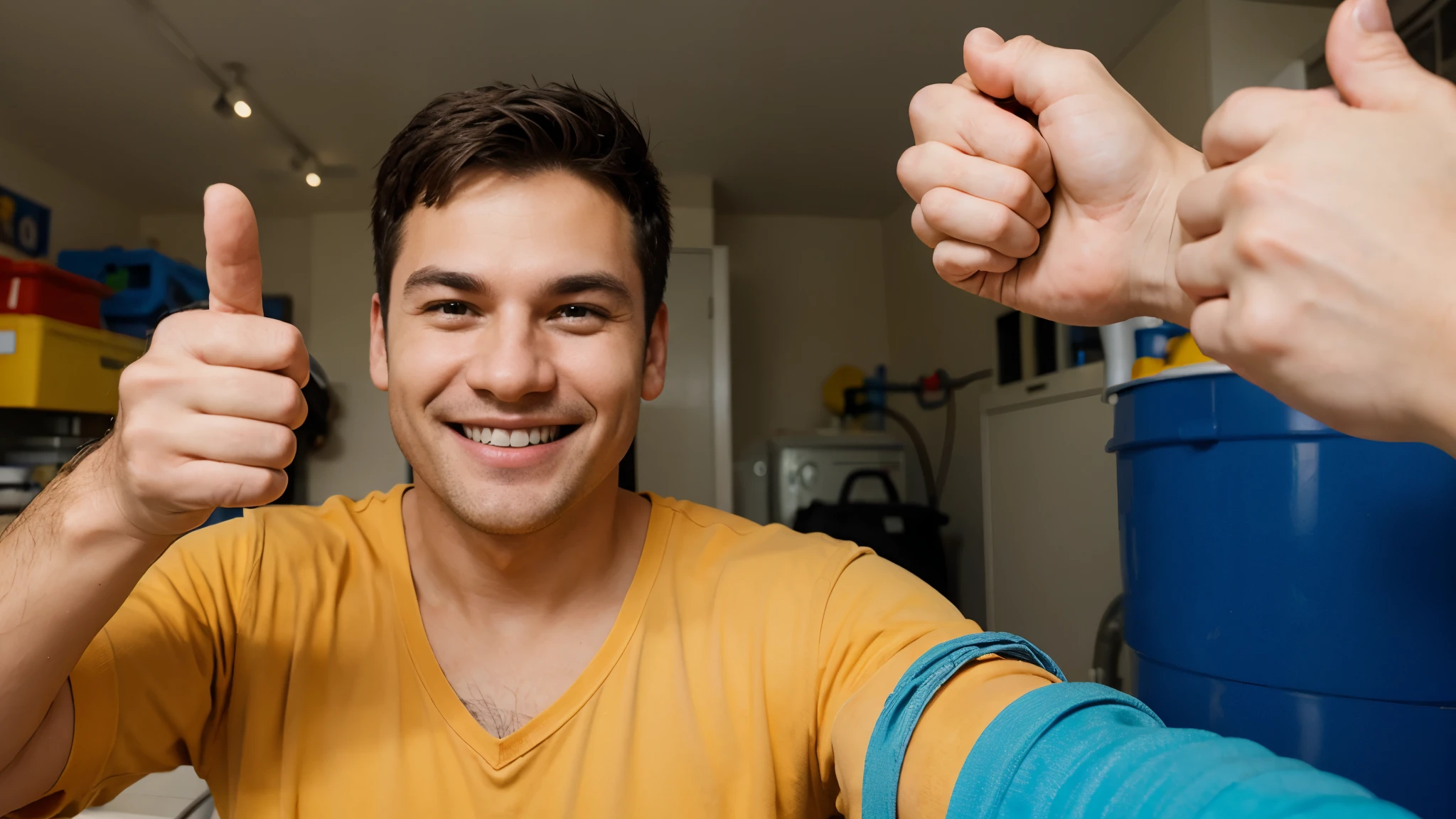 plumber with smile on his face, fully equipped with big thumb up